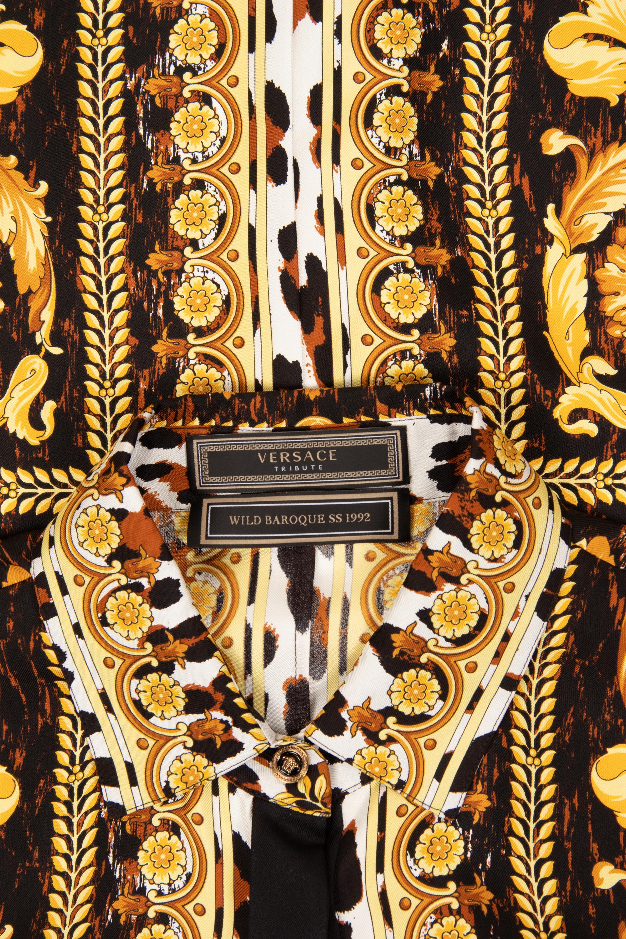 Versace Tribute "Wild Baroque" Silk Print Shirt Dress and Scarf, Spring 2018