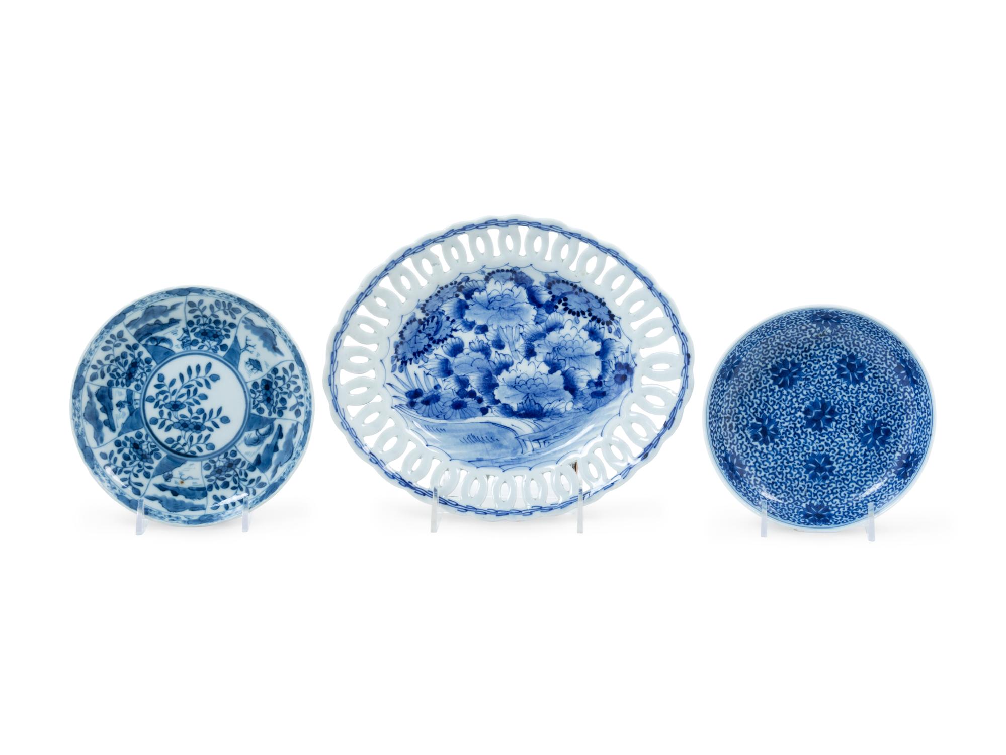 Three Chinese and Japanese Blue and White Porcelain Dishes