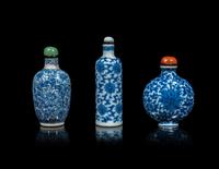 Three Chinese Blue and White Porcelain 'Lotus' Snuff Bottles