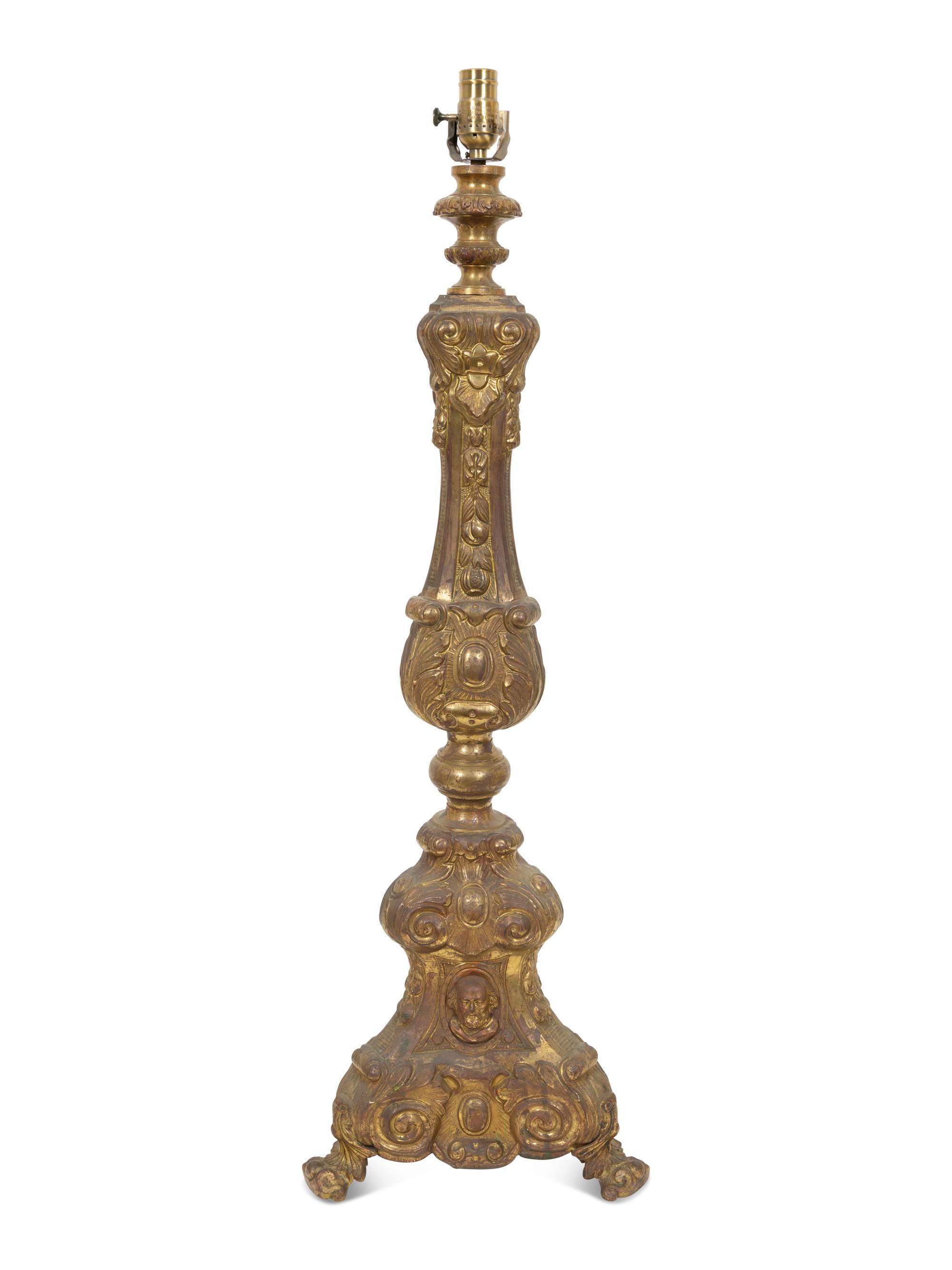 A Continental Chased Brass Pricket-Style Table Lamp