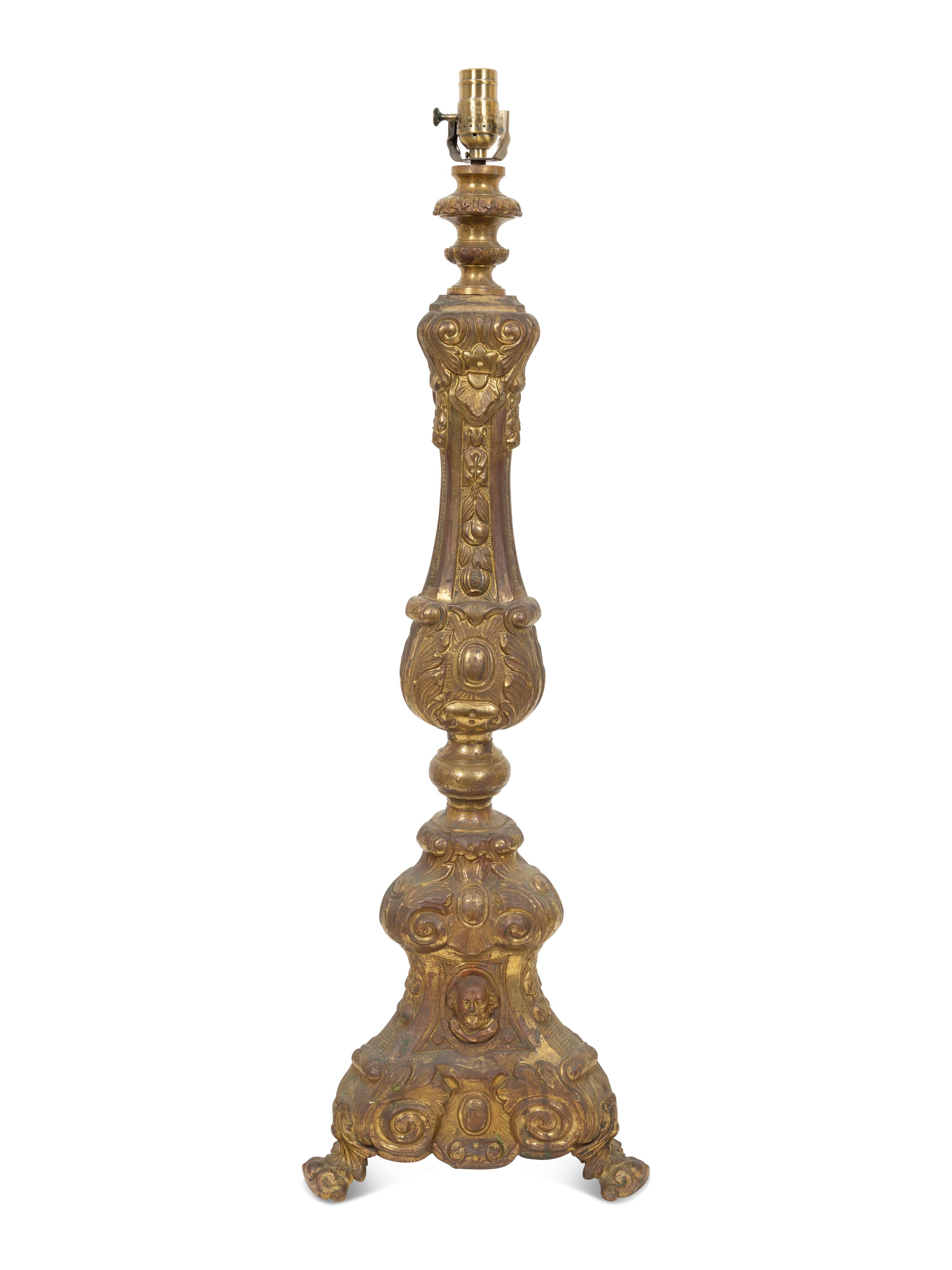 A Continental Chased Brass Pricket-Style Table Lamp