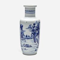 A Chinese blue and white porcelain rouleau vase 青花山水人物纸槌瓶