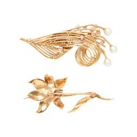 TWO YELLOW GOLD AND GEMSTONE BROOCHES