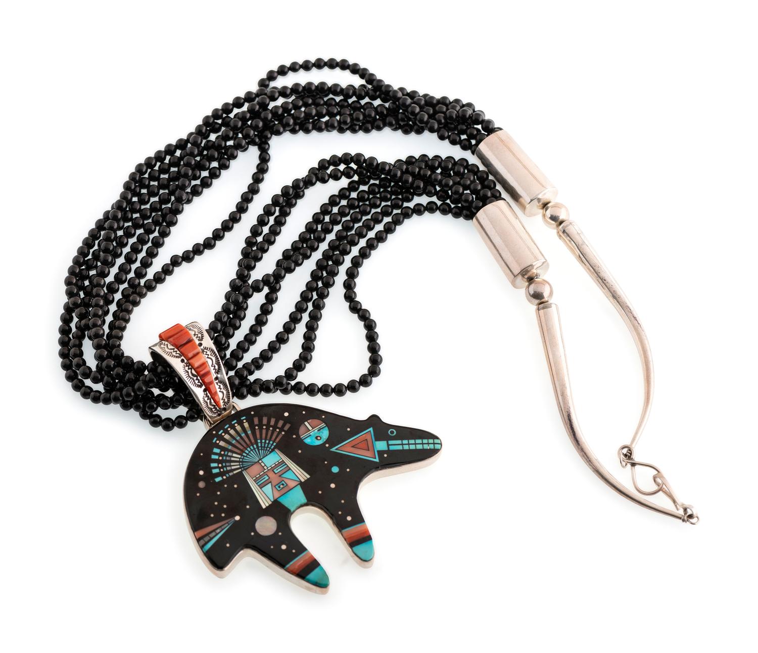 Multi-Strand Necklace, with Mosaic Inlay Bear Pendant