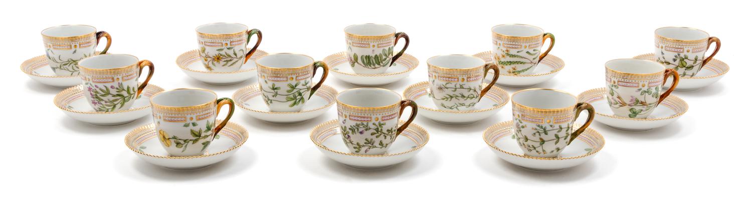 A Set of Twelve Royal Copenhagen Flora Danica Cups and Saucers Height of teacup 2 5/8 inches. — 20TH CENTURY