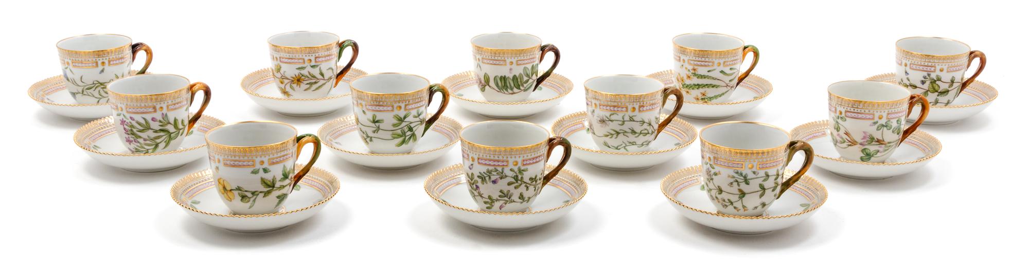 A Set of Twelve Royal Copenhagen Flora Danica Cups and Saucers Height of teacup 2 5/8 inches. — 20TH CENTURY
