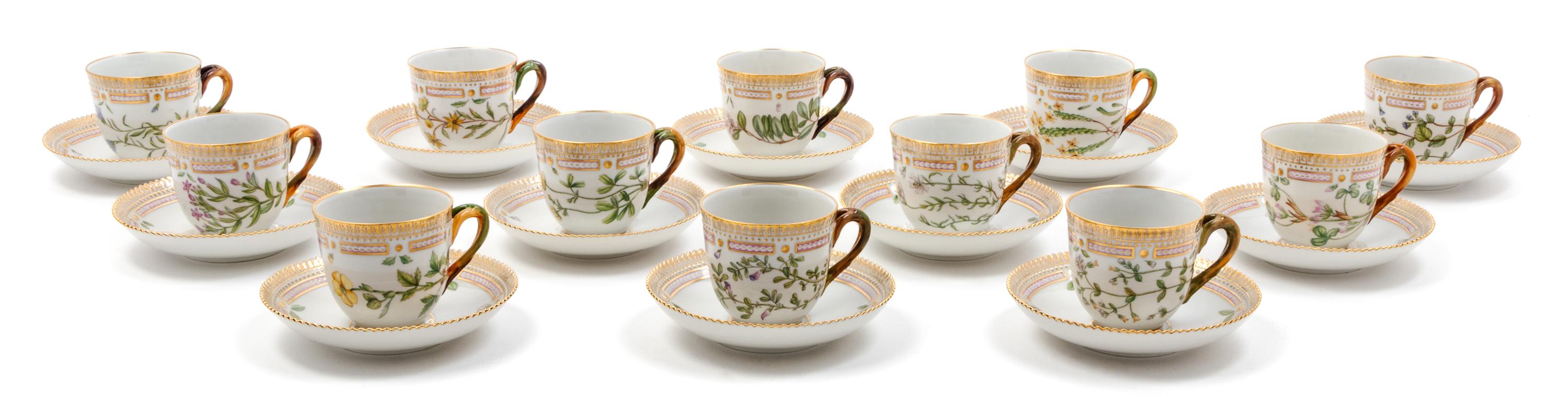 A Set of Twelve Royal Copenhagen Flora Danica Cups and Saucers Height of teacup 2 5/8 inches. — 20TH CENTURY