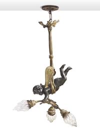 A Belle Epoch Gilt and Patinated Bronze Three-Light Pendant Lamp
