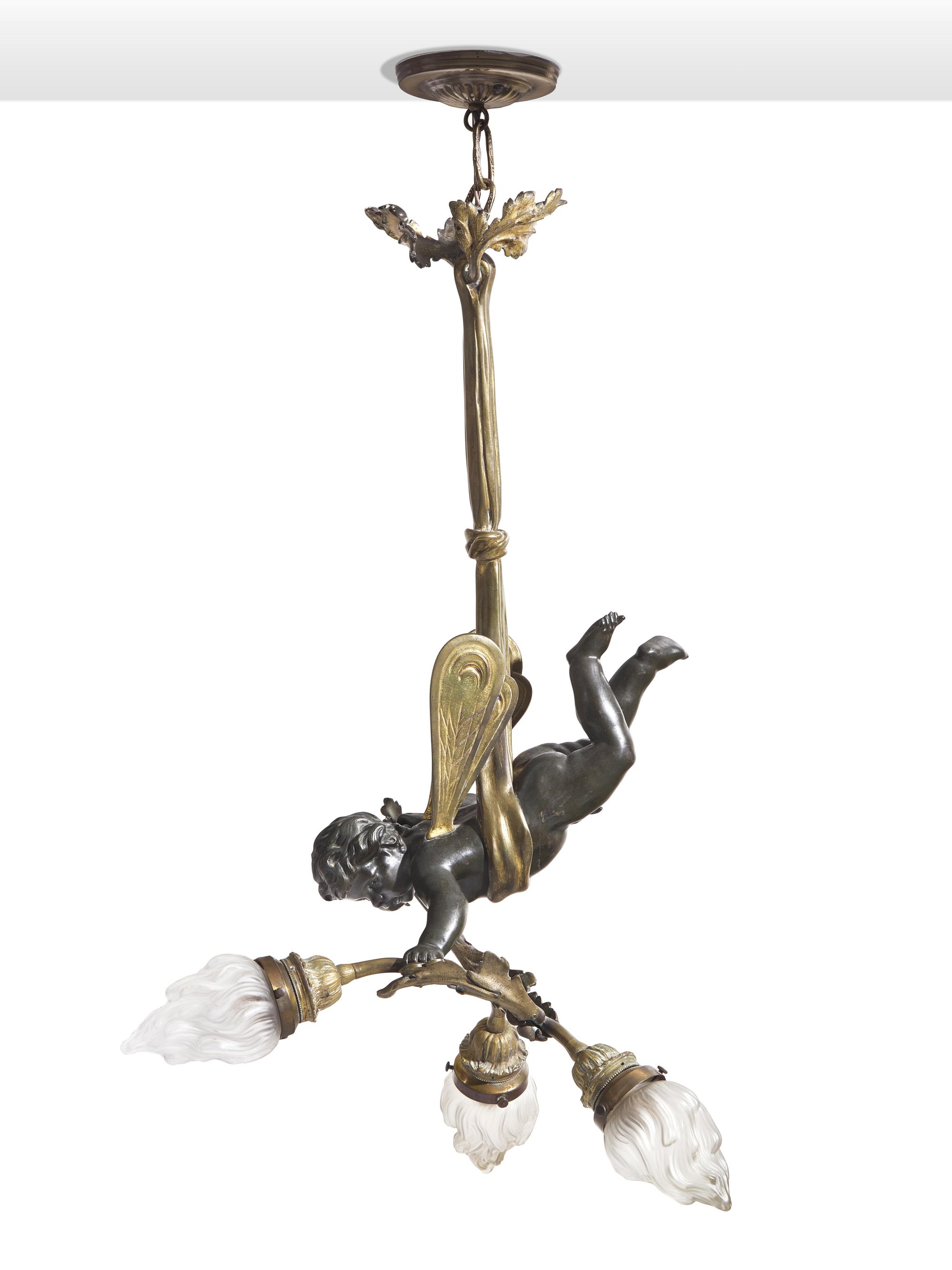 A Belle Epoch Gilt and Patinated Bronze Three-Light Pendant Lamp
