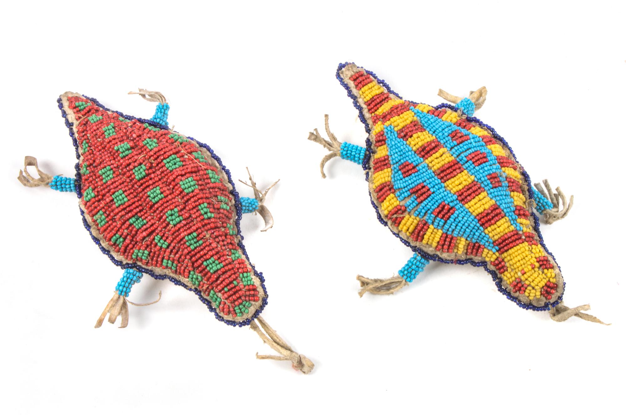 Pair of Plains Beaded Turtle Umbilical Fetishes Length of each 6 inches — Circa 1890