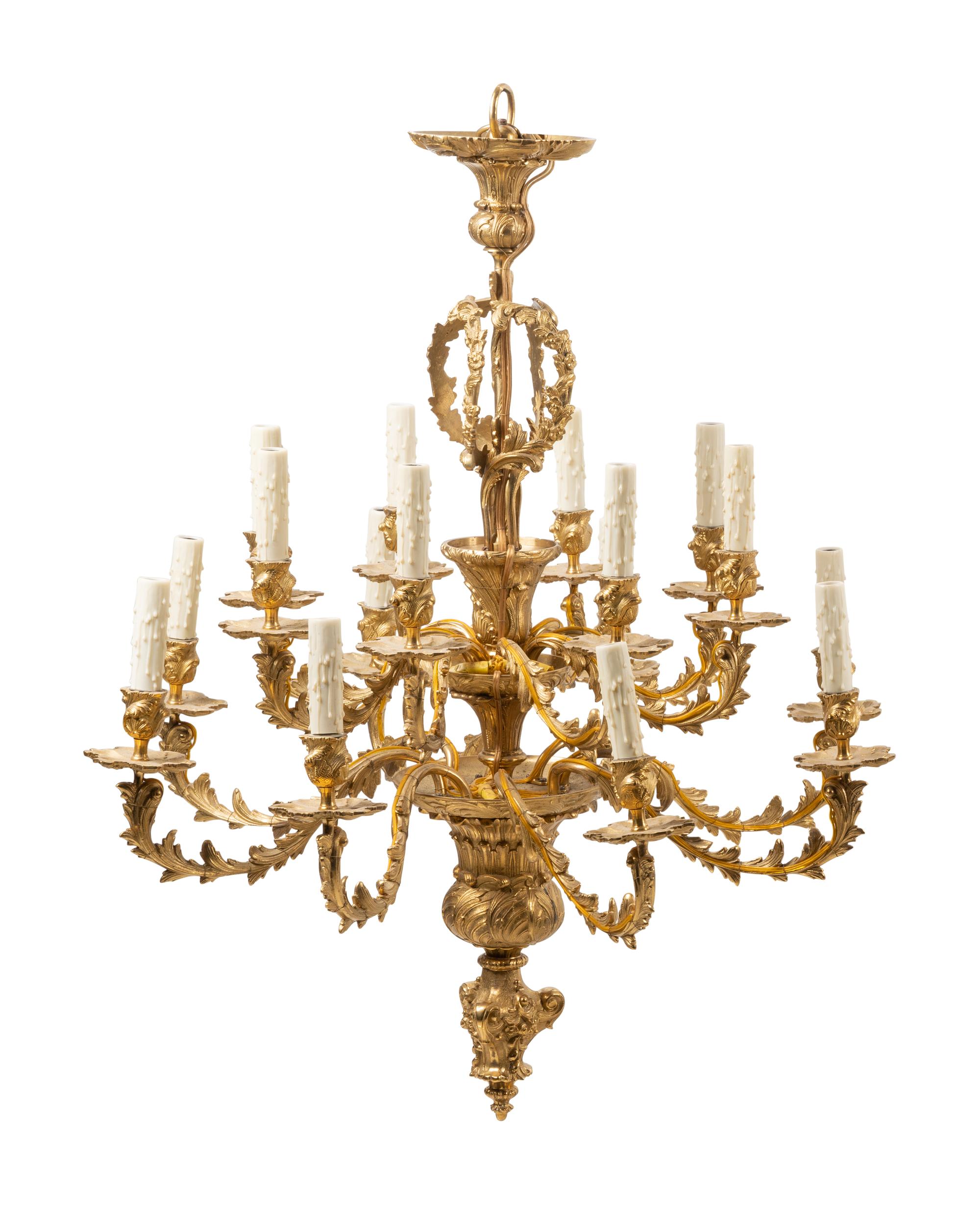 A Pair of Louis XV Style Gilt Bronze Sixteen-Light Chandeliers