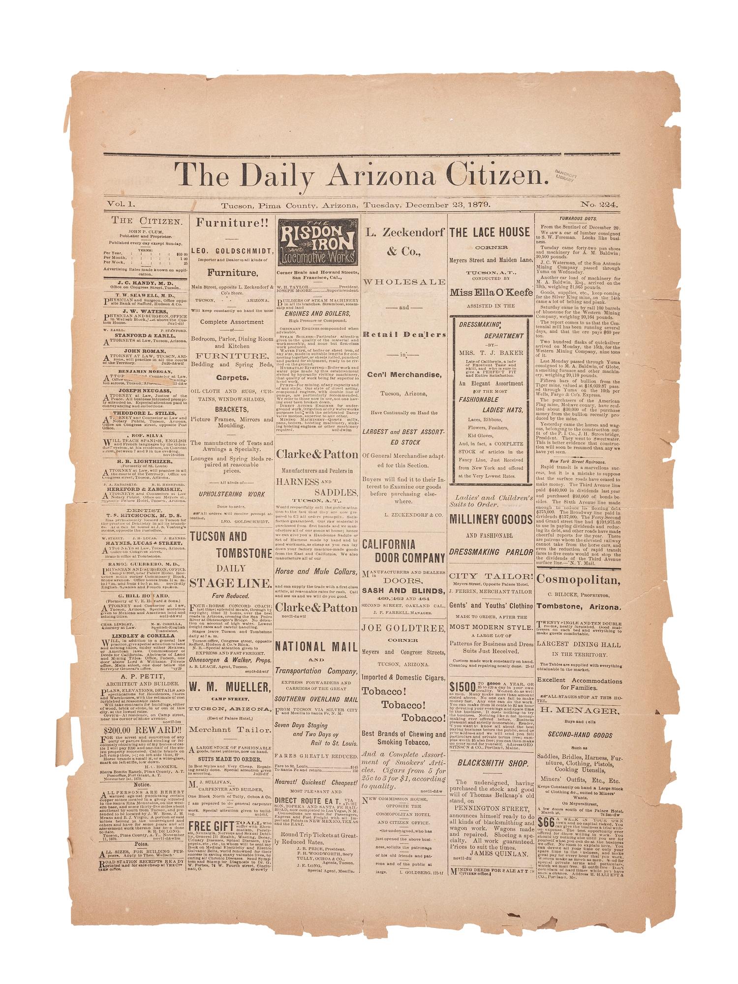 [NATIVE AMERICANS]. Coverage of Geronimo and his band of Apache warriors featured in Daily Arizona Citizen . Vol. 1, No. 224. Tucson, Arizona Territory. 23 December 1879.