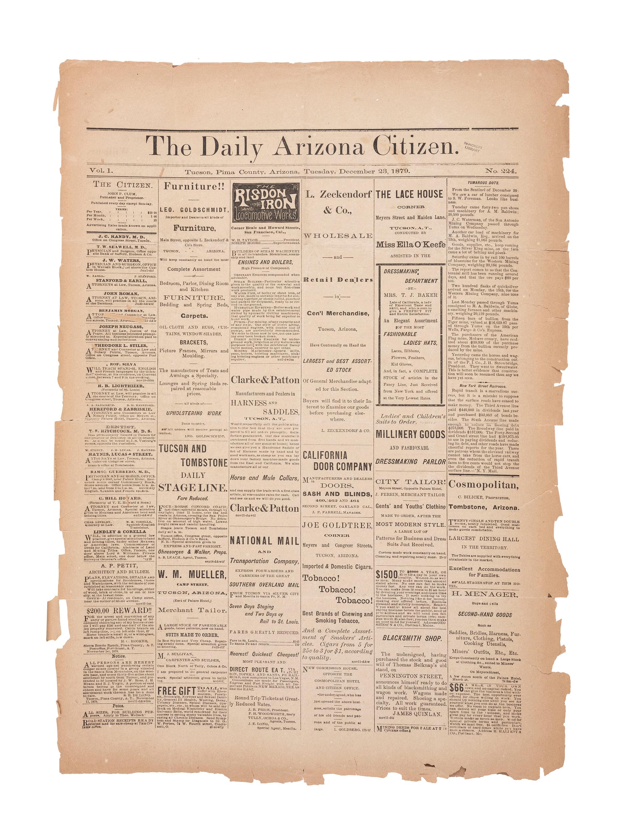 [NATIVE AMERICANS]. Coverage of Geronimo and his band of Apache warriors featured in Daily Arizona Citizen . Vol. 1, No. 224. Tucson, Arizona Territory. 23 December 1879.