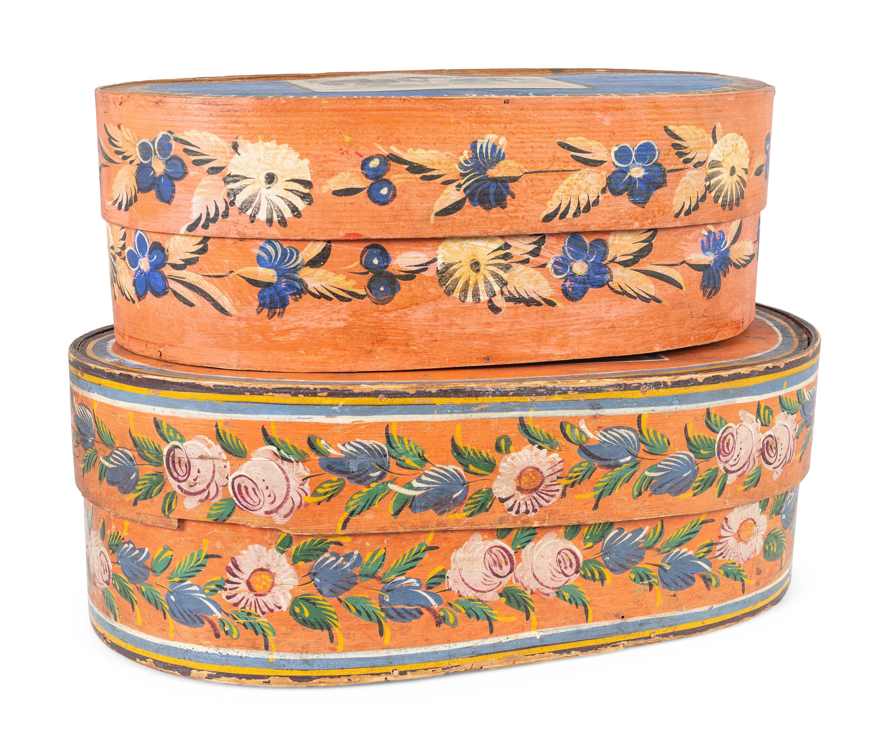 Two Paint Decorated Bentwood Bride's Boxes