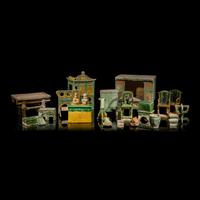 A Collection of Chinese Sancai Glazed Pottery Models of Furniture, Ming Dynasty — 明 三彩交椅、供桌、床等一組二十一件