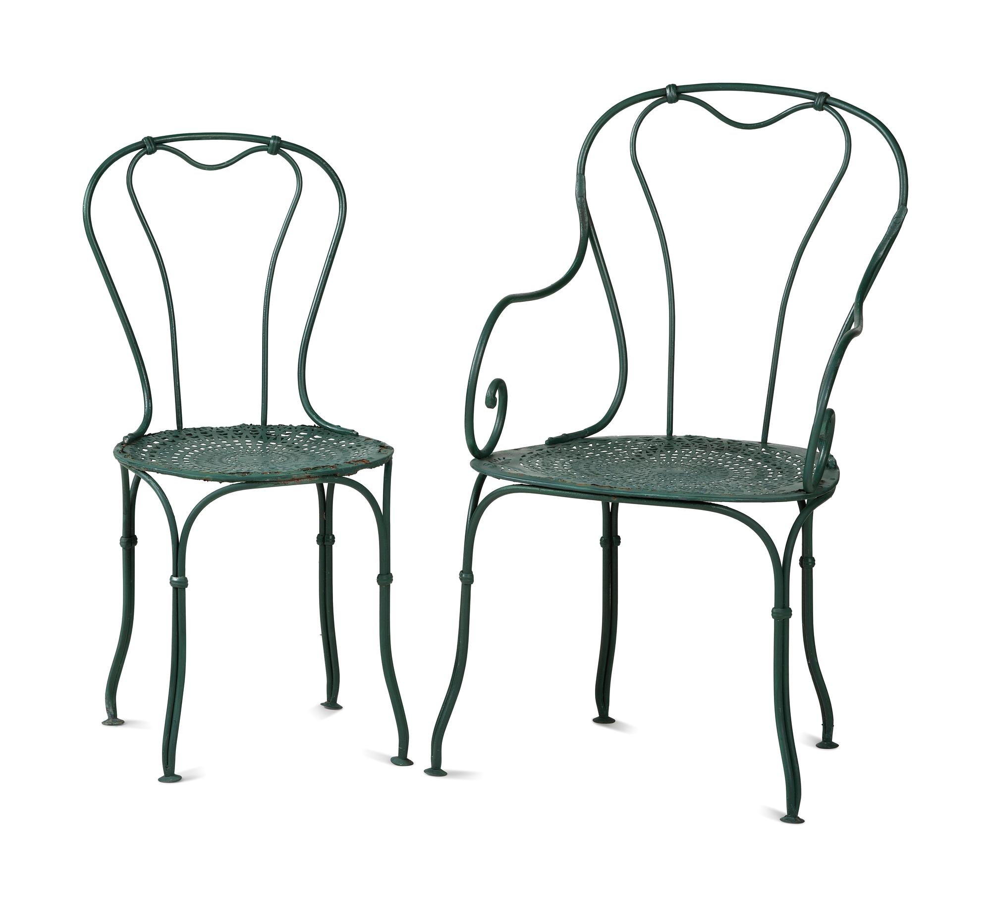 A Pair of Painted Metal Zodiac Patio Tables and Chairs