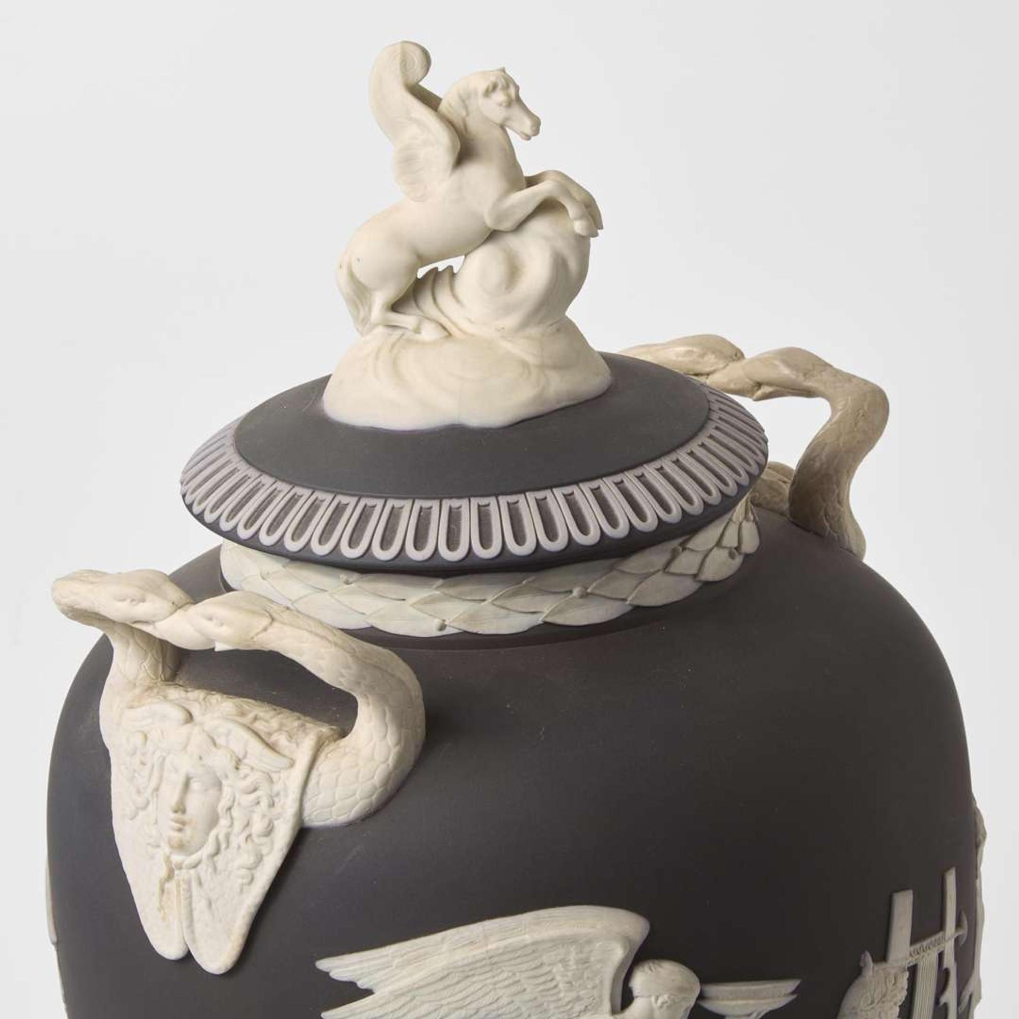 A Wedgwood Solid Black Jasperware Pegasus Vase and Cover UK, 1880s