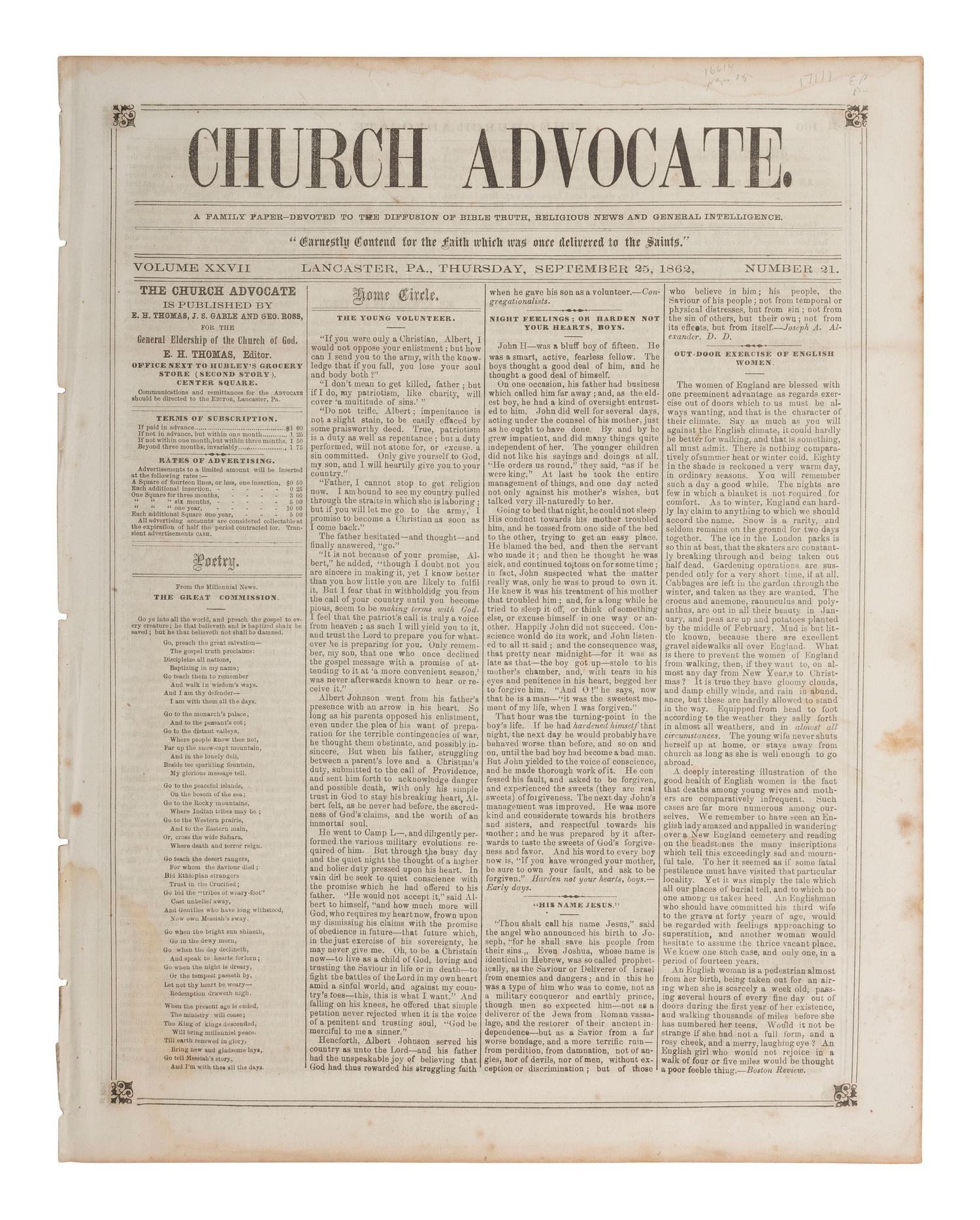 [AFRICAN AMERICANA - EMANCIPATION PROCLAMATION]. Church Advocate . Vol. XXVII, No. 21. Lancaster, PA: E.H. Thomas, J.S. Gable, and George Ross, 25 September 1862.