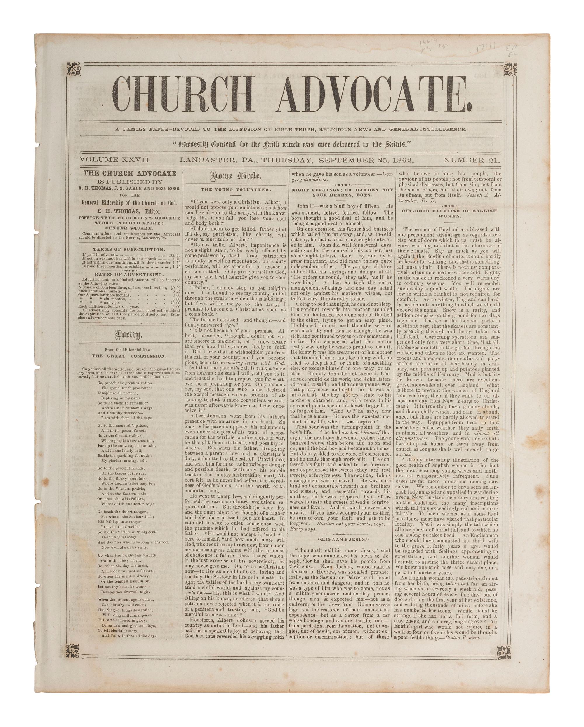 [AFRICAN AMERICANA - EMANCIPATION PROCLAMATION]. Church Advocate . Vol. XXVII, No. 21. Lancaster, PA: E.H. Thomas, J.S. Gable, and George Ross, 25 September 1862.