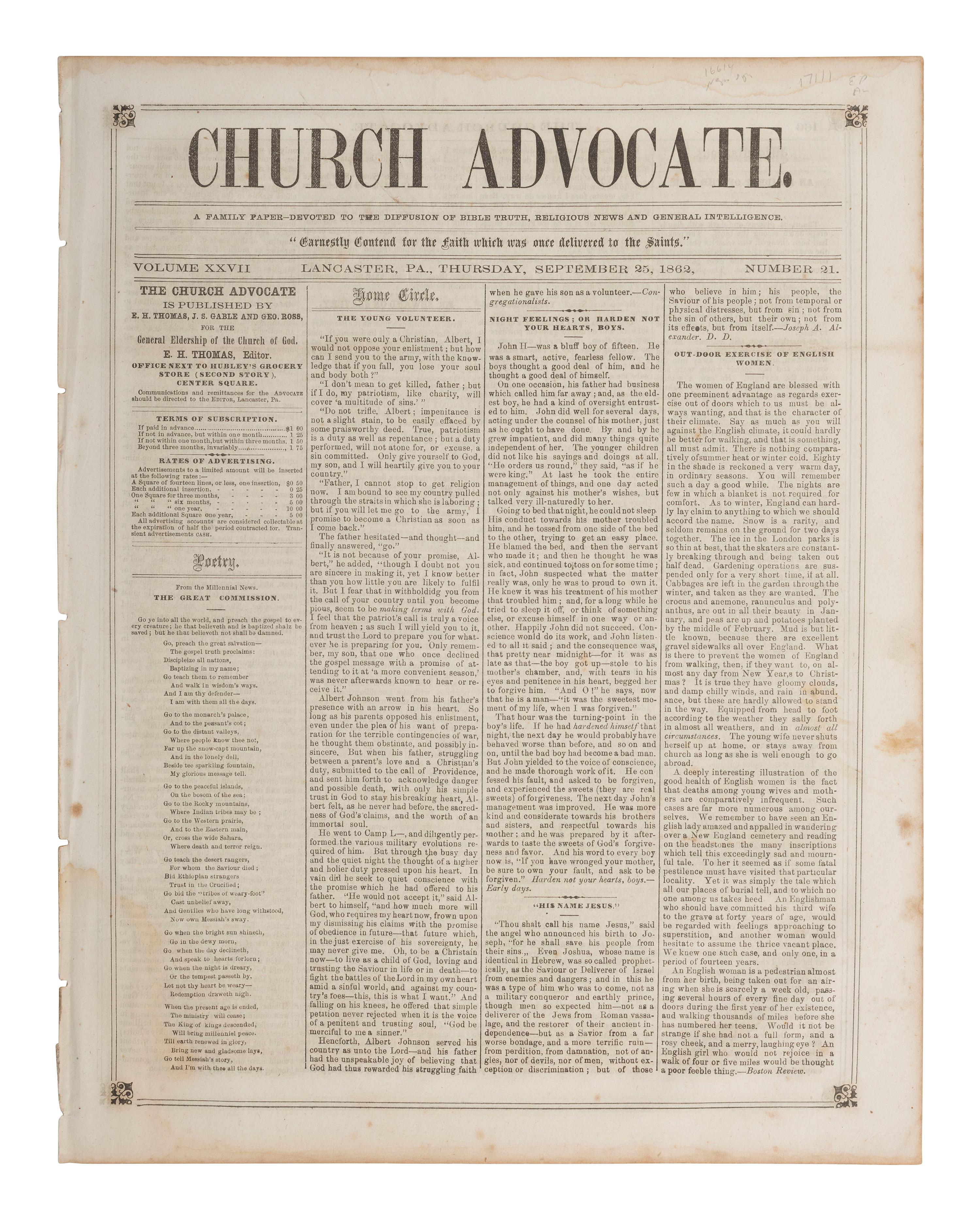 [AFRICAN AMERICANA - EMANCIPATION PROCLAMATION]. Church Advocate . Vol. XXVII, No. 21. Lancaster, PA: E.H. Thomas, J.S. Gable, and George Ross, 25 September 1862.