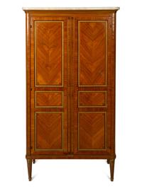 A Louis XVI Style Gilt Bronze Mounted Tulipwood Marble-Top Cabinet