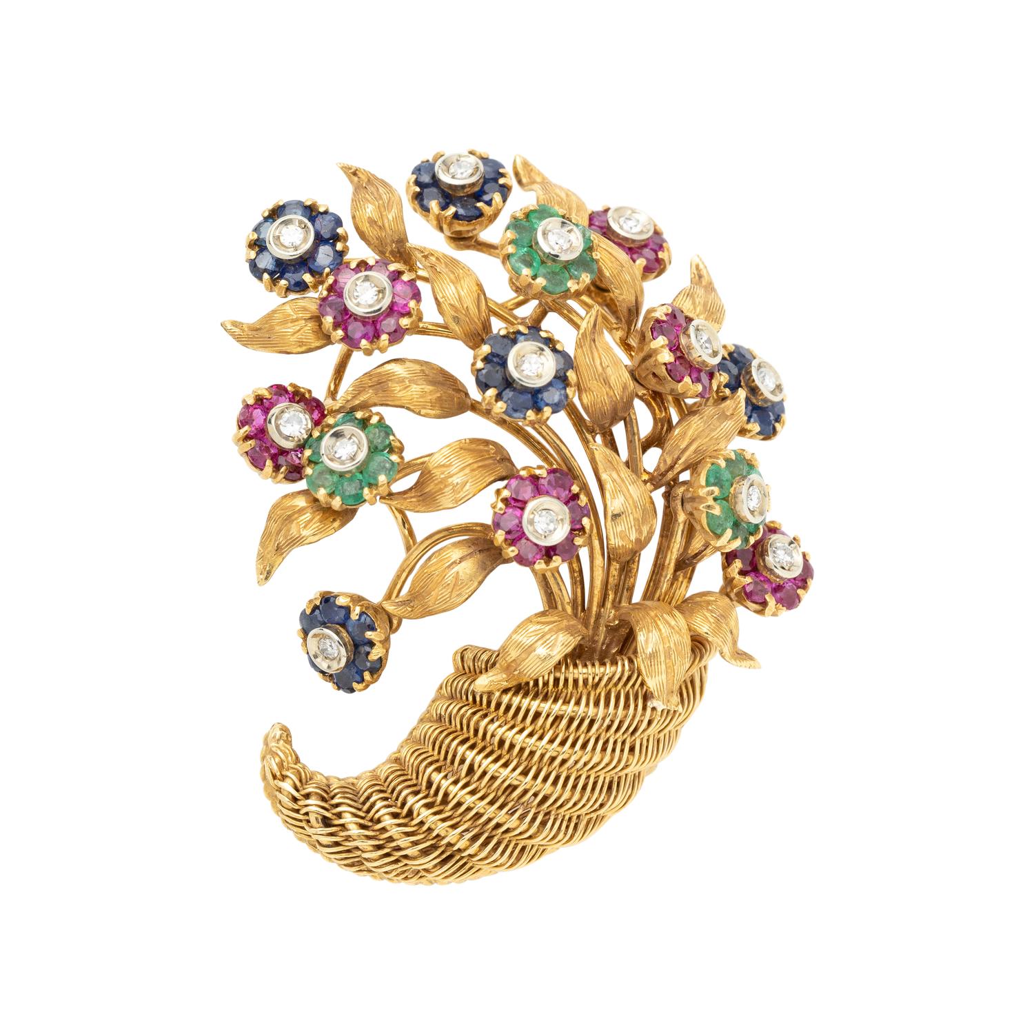 TIFFANY & CO., YELLOW GOLD, DIAMOND AND MULTIGEM BROOCH