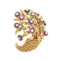 TIFFANY & CO., YELLOW GOLD, DIAMOND AND MULTIGEM BROOCH