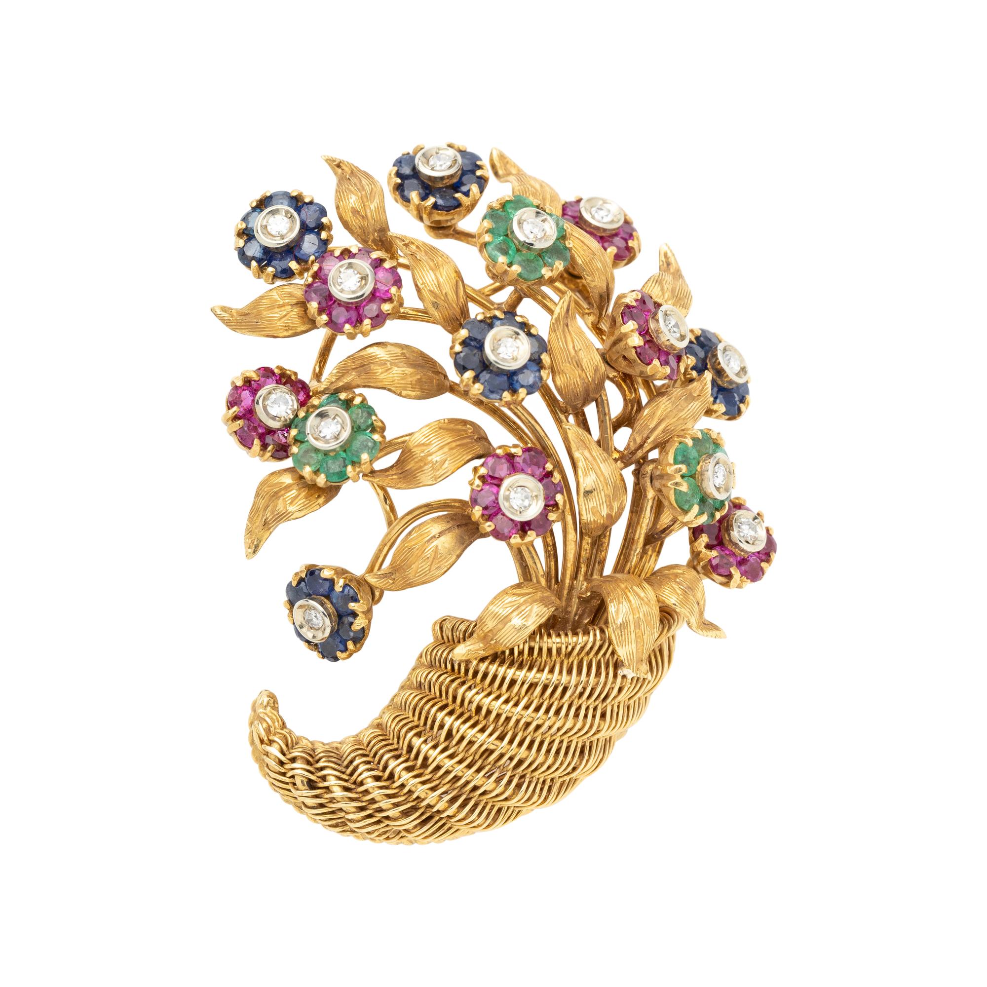 TIFFANY & CO., YELLOW GOLD, DIAMOND AND MULTIGEM BROOCH
