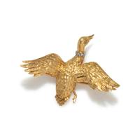 FRENCH, YELLOW GOLD AND DIAMOND DUCK BROOCH