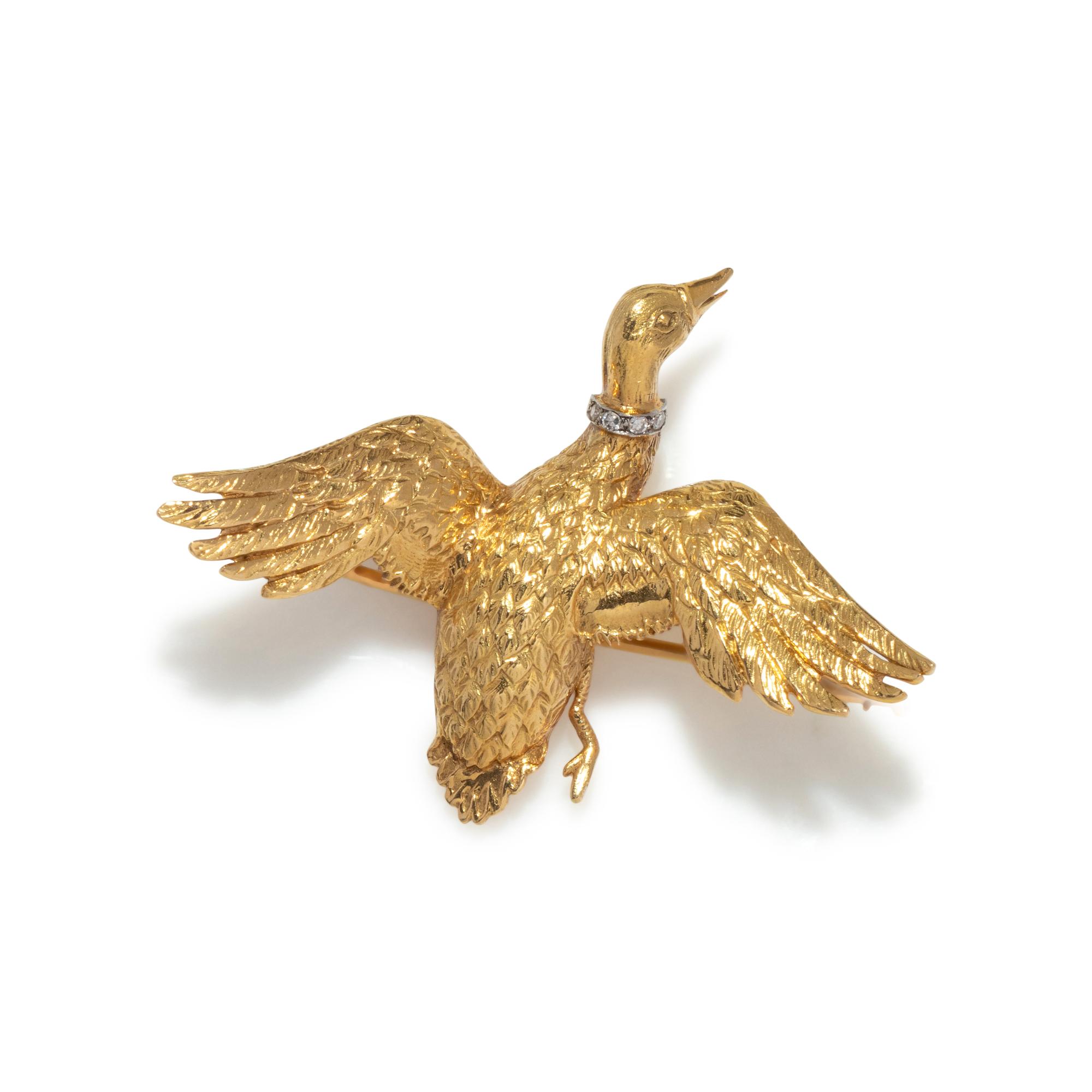 FRENCH, YELLOW GOLD AND DIAMOND DUCK BROOCH