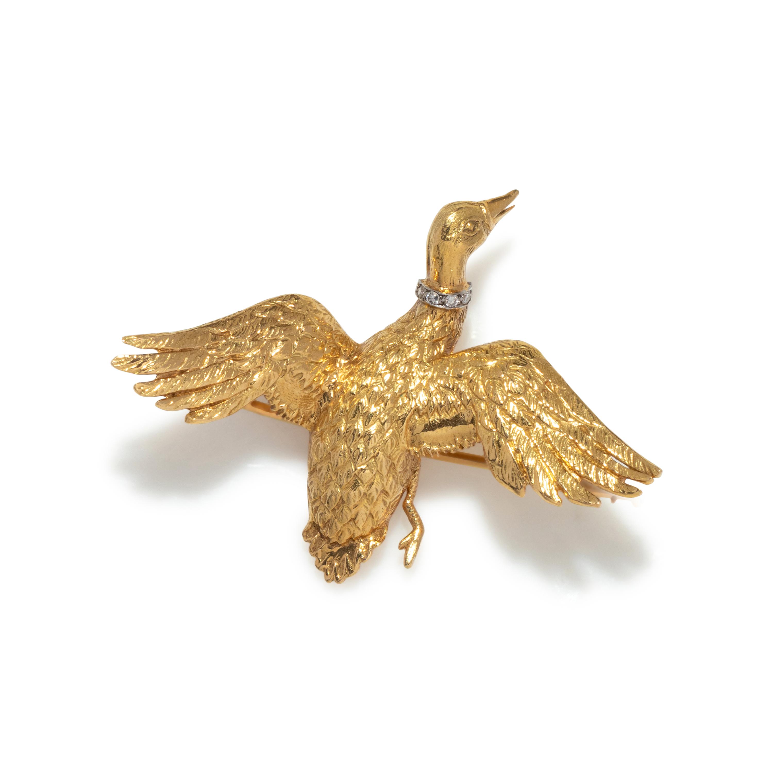 FRENCH, YELLOW GOLD AND DIAMOND DUCK BROOCH