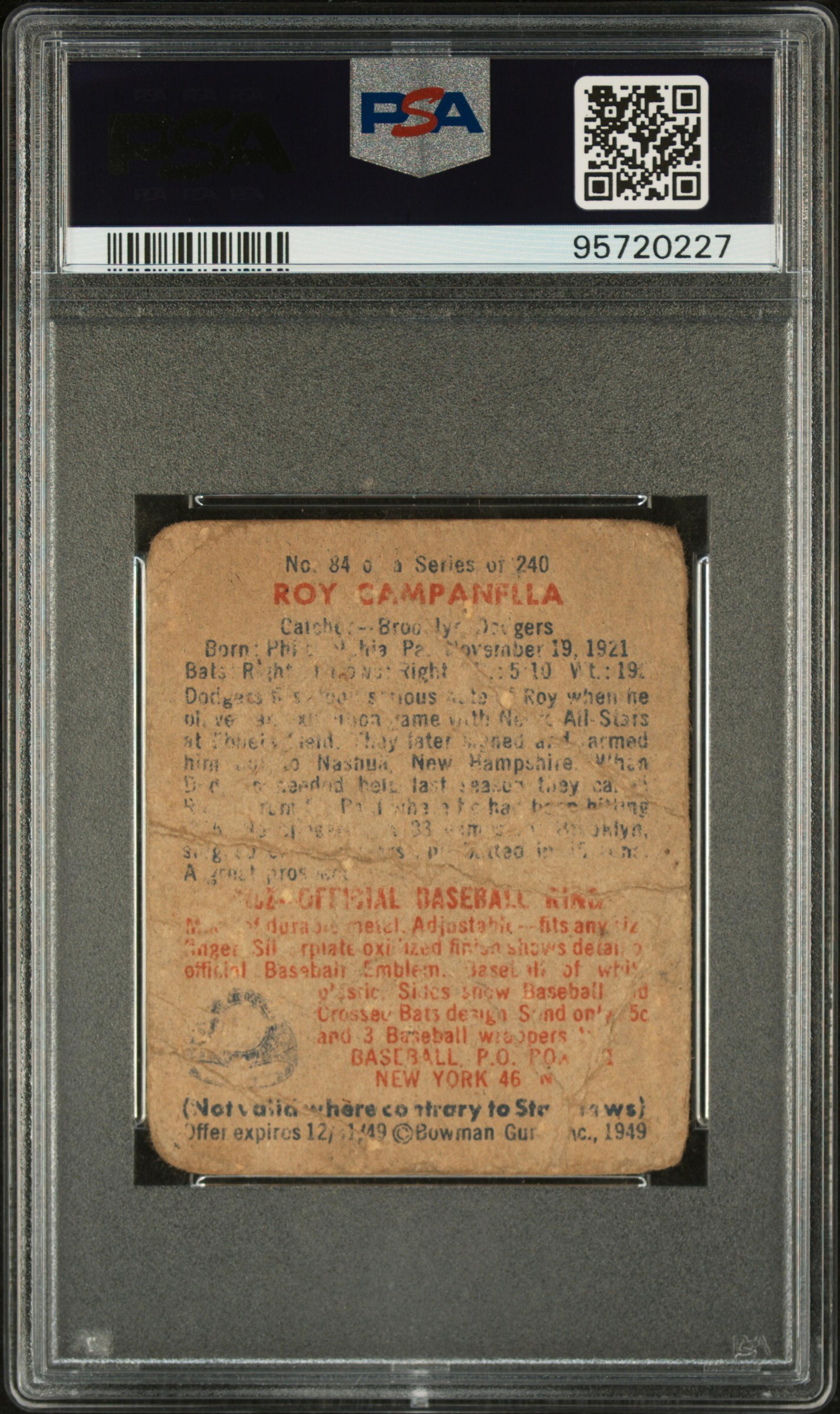 A 1949 Bowman Roy Campanella Rookie Baseball Card No. 84 (PSA 1)