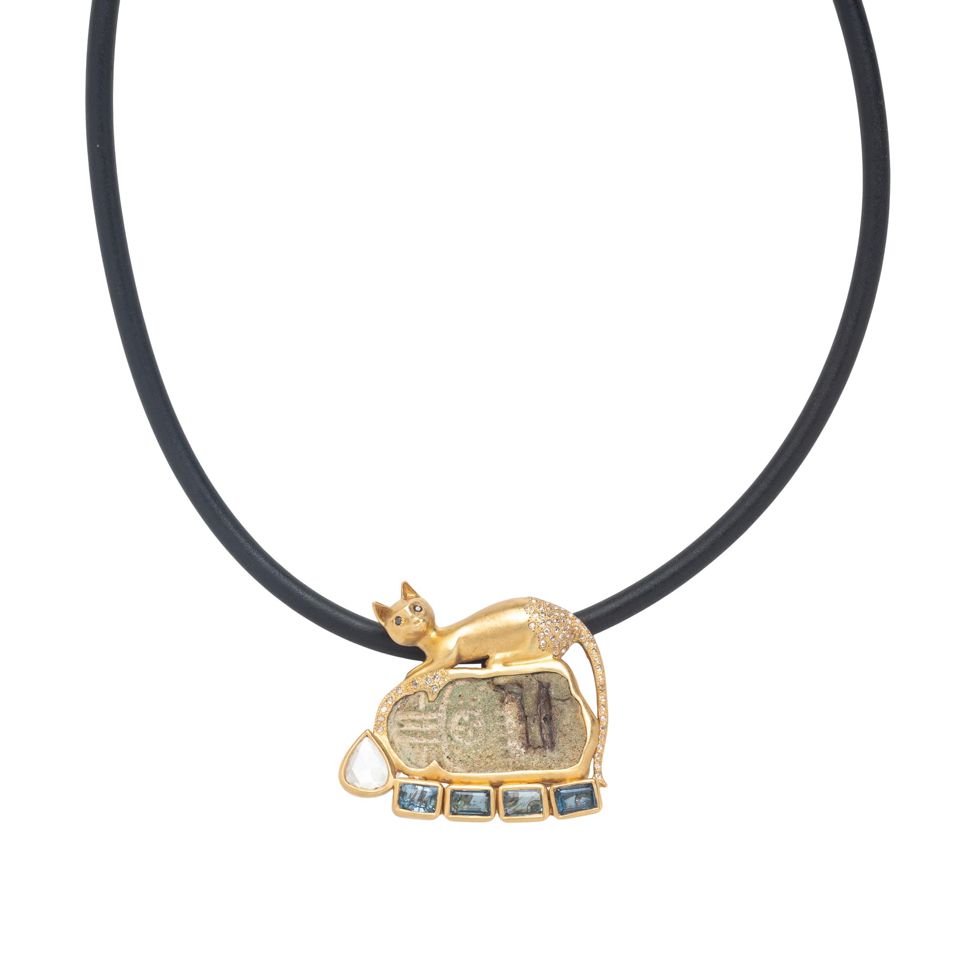 Coomi, Egyptian Scarab, Diamond, and Yellow Gold Cat Necklace