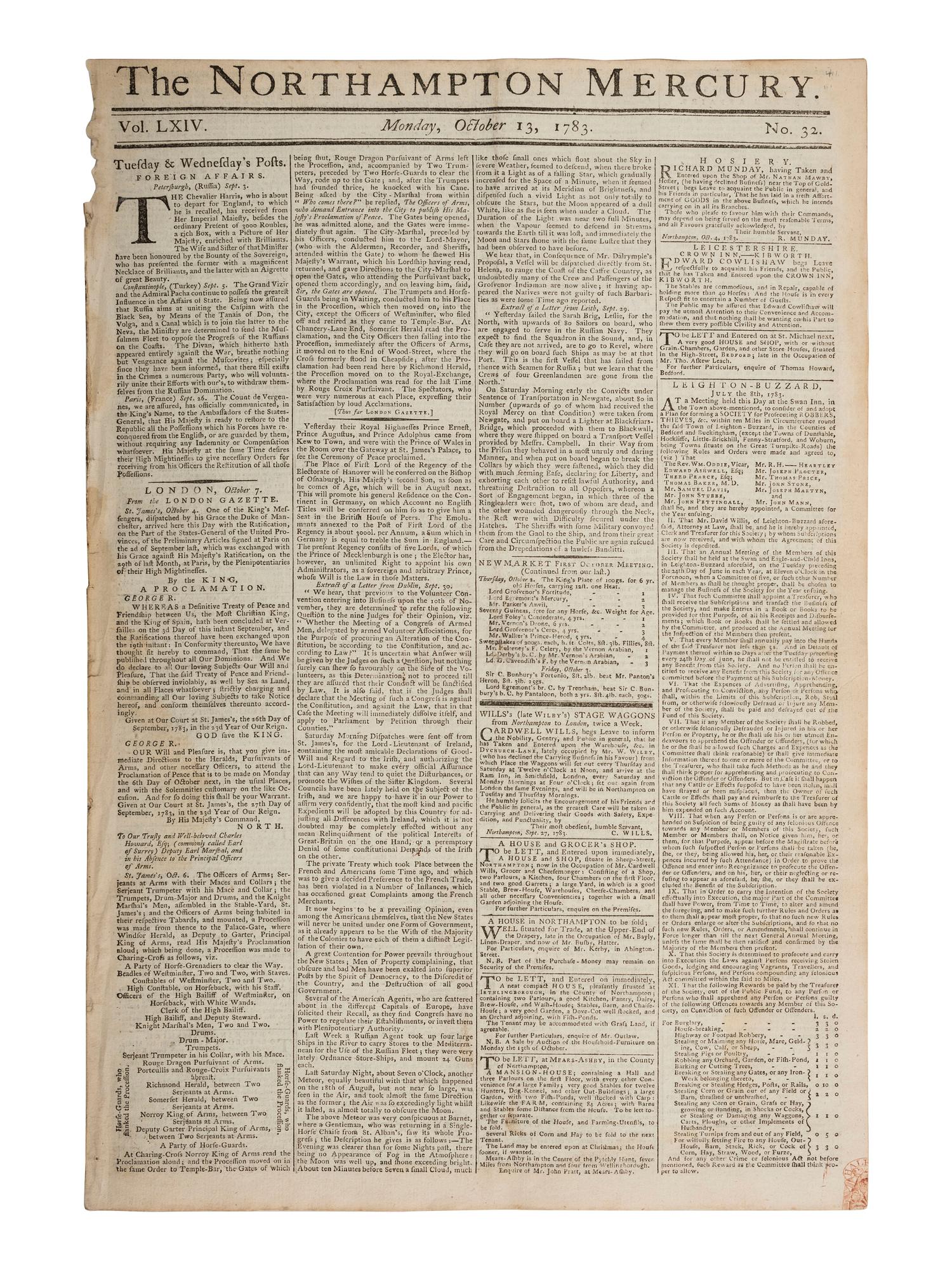 [REVOLUTIONARY WAR]. Northampton Mercury . Vol LXIV, Nos. 30-33. London, 29 Sept. - 20 Oct. 1783.