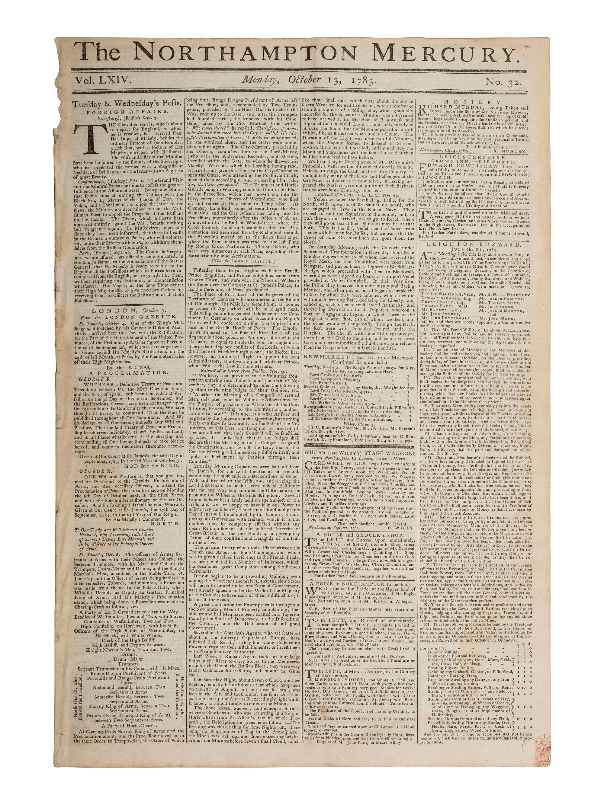 [REVOLUTIONARY WAR]. Northampton Mercury . Vol LXIV, Nos. 30-33. London, 29 Sept. - 20 Oct. 1783.
