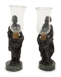 A Pair of Figural Hurricane Candlesticks on Verde Antico Marble Bases