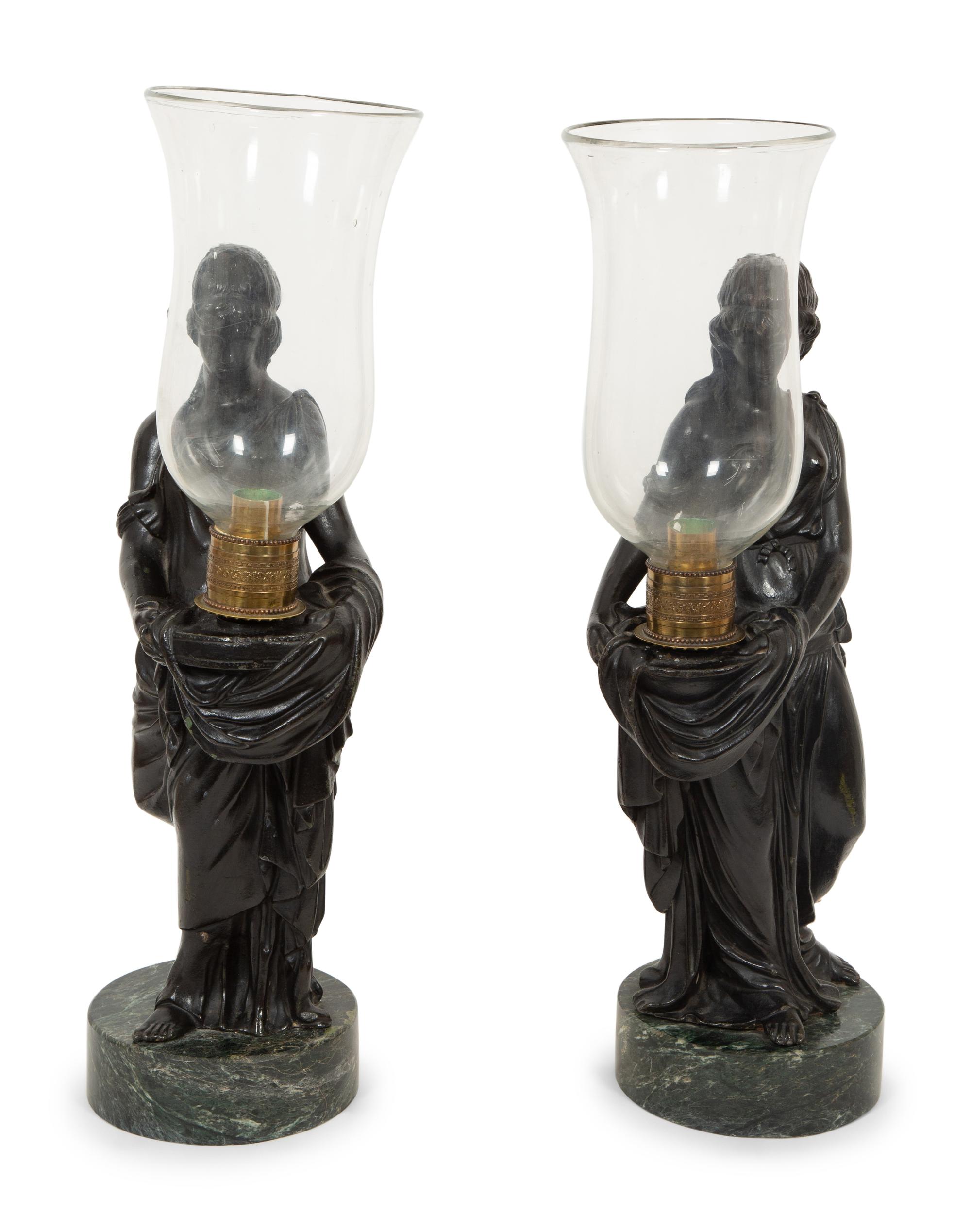 A Pair of Figural Hurricane Candlesticks on Verde Antico Marble Bases