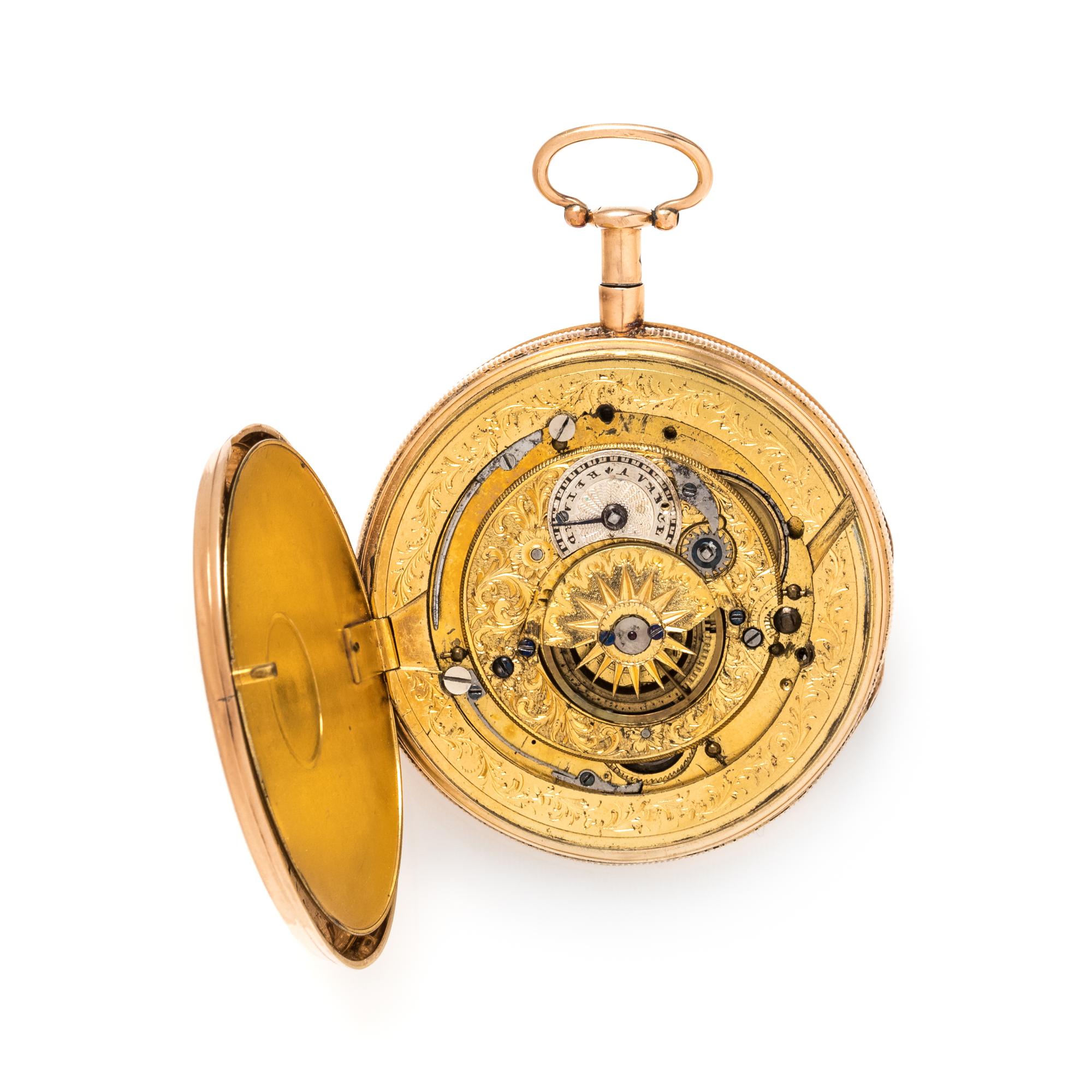 18K YELLOW GOLD AUTOMATON QUARTER REPEATER OPEN FACE POCKET WATCH