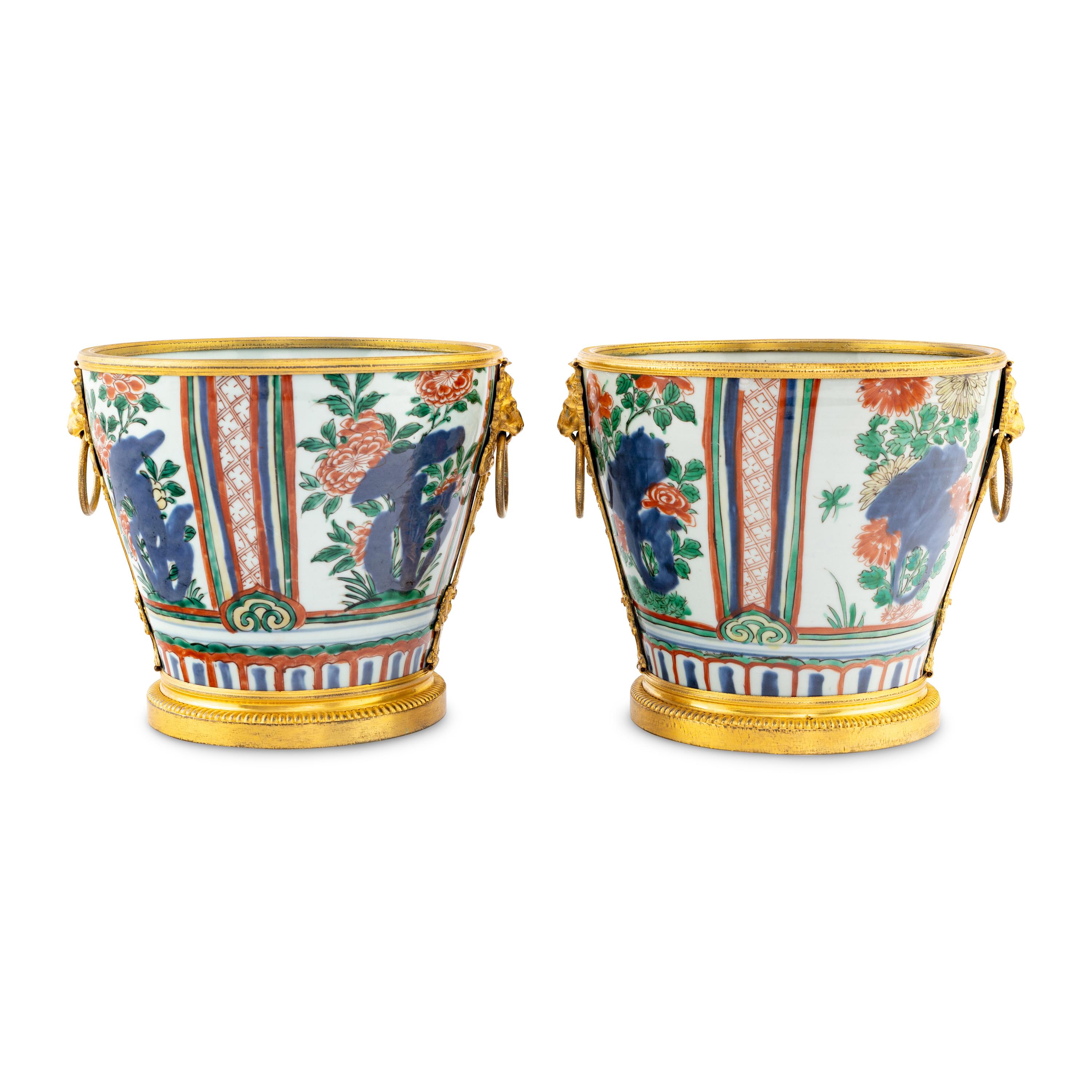 A Pair of Chinese Wucai Porcelain and Ormolu Mounted Jardinières