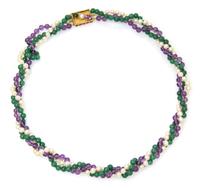 A 14 Karat Yellow Gold, Amethyst, Aventurine Quartz and Cultured Pearl Multi Strand Necklace,