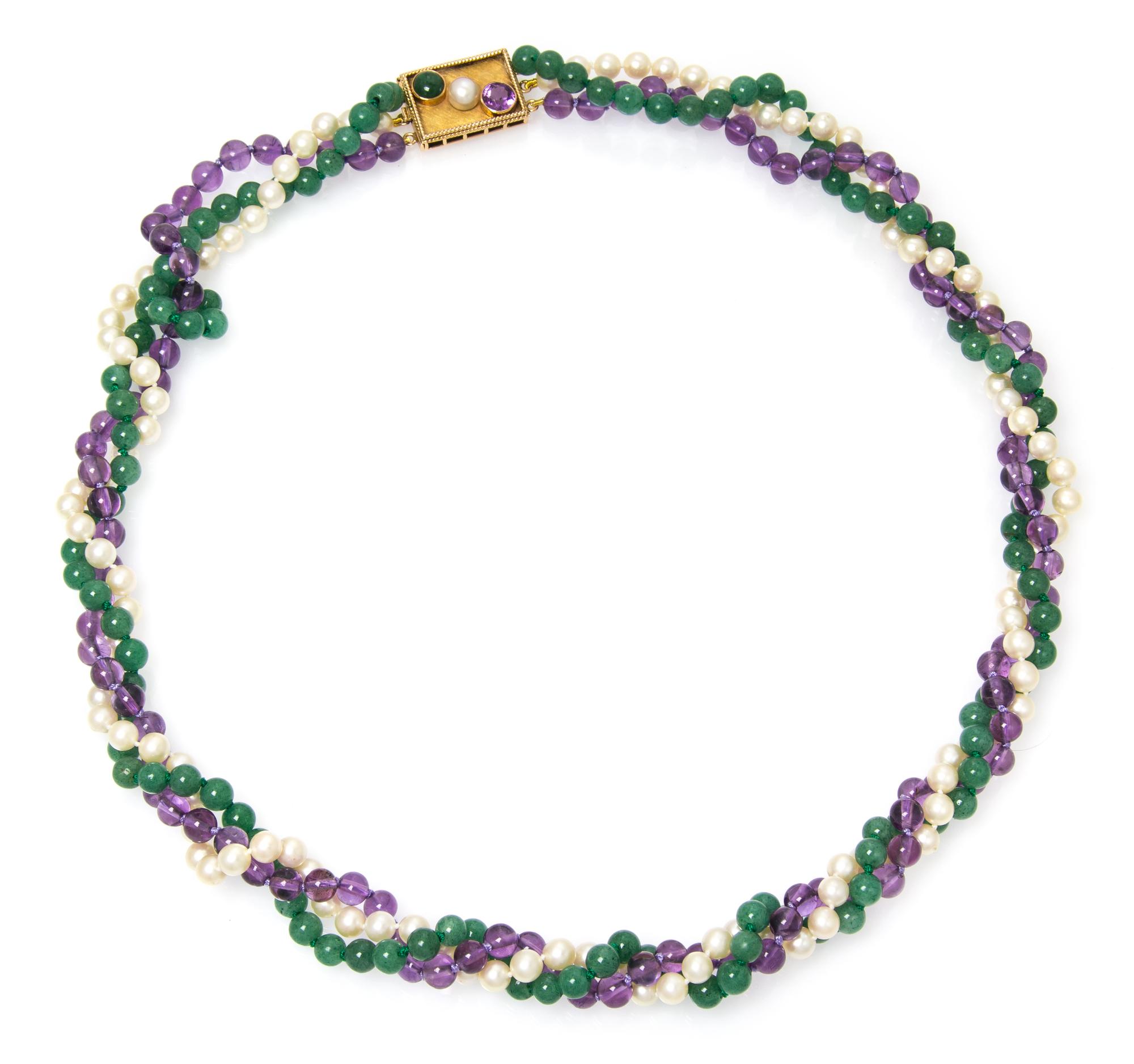 A 14 Karat Yellow Gold, Amethyst, Aventurine Quartz and Cultured Pearl Multi Strand Necklace,