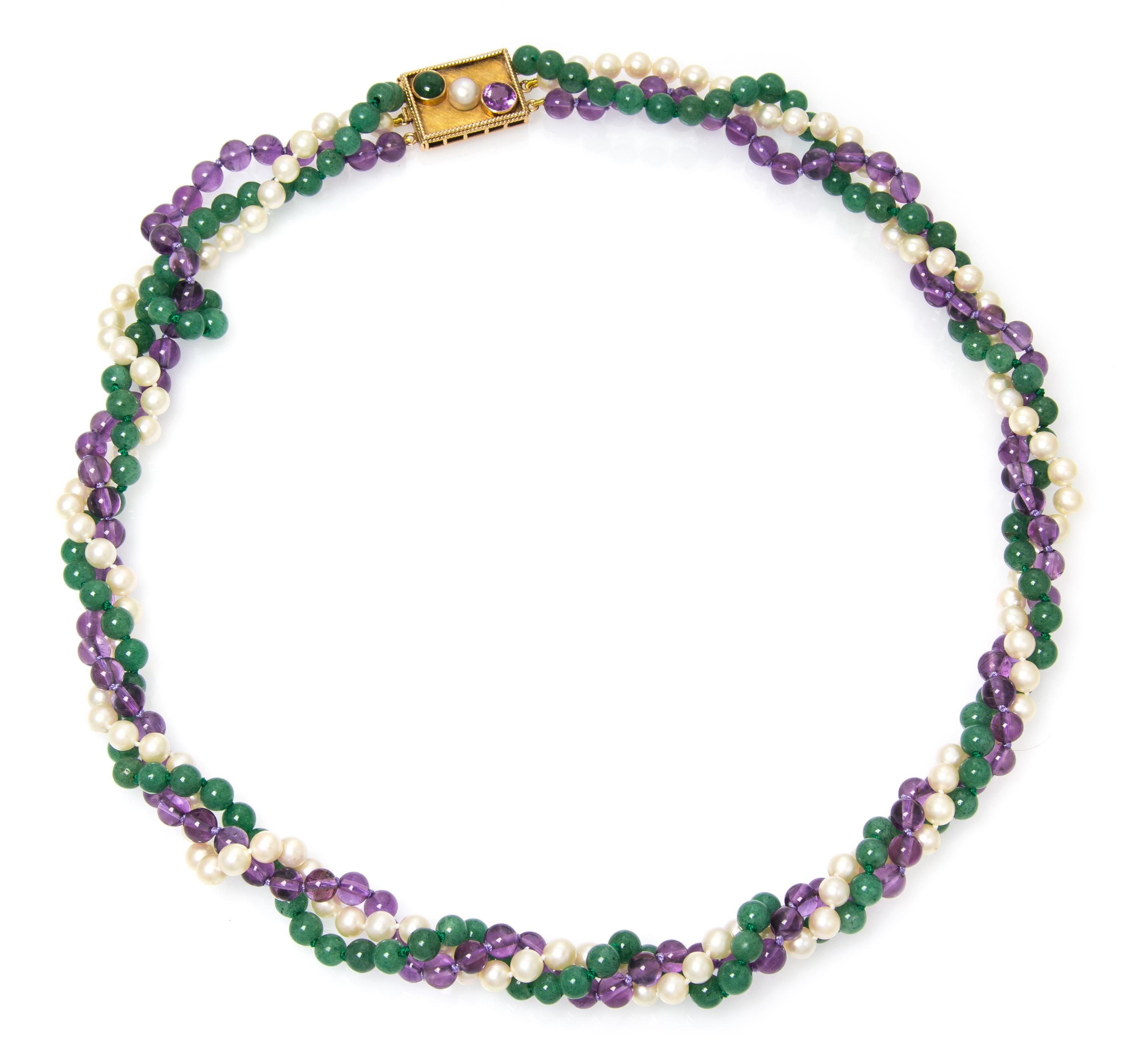 A 14 Karat Yellow Gold, Amethyst, Aventurine Quartz and Cultured Pearl Multi Strand Necklace,