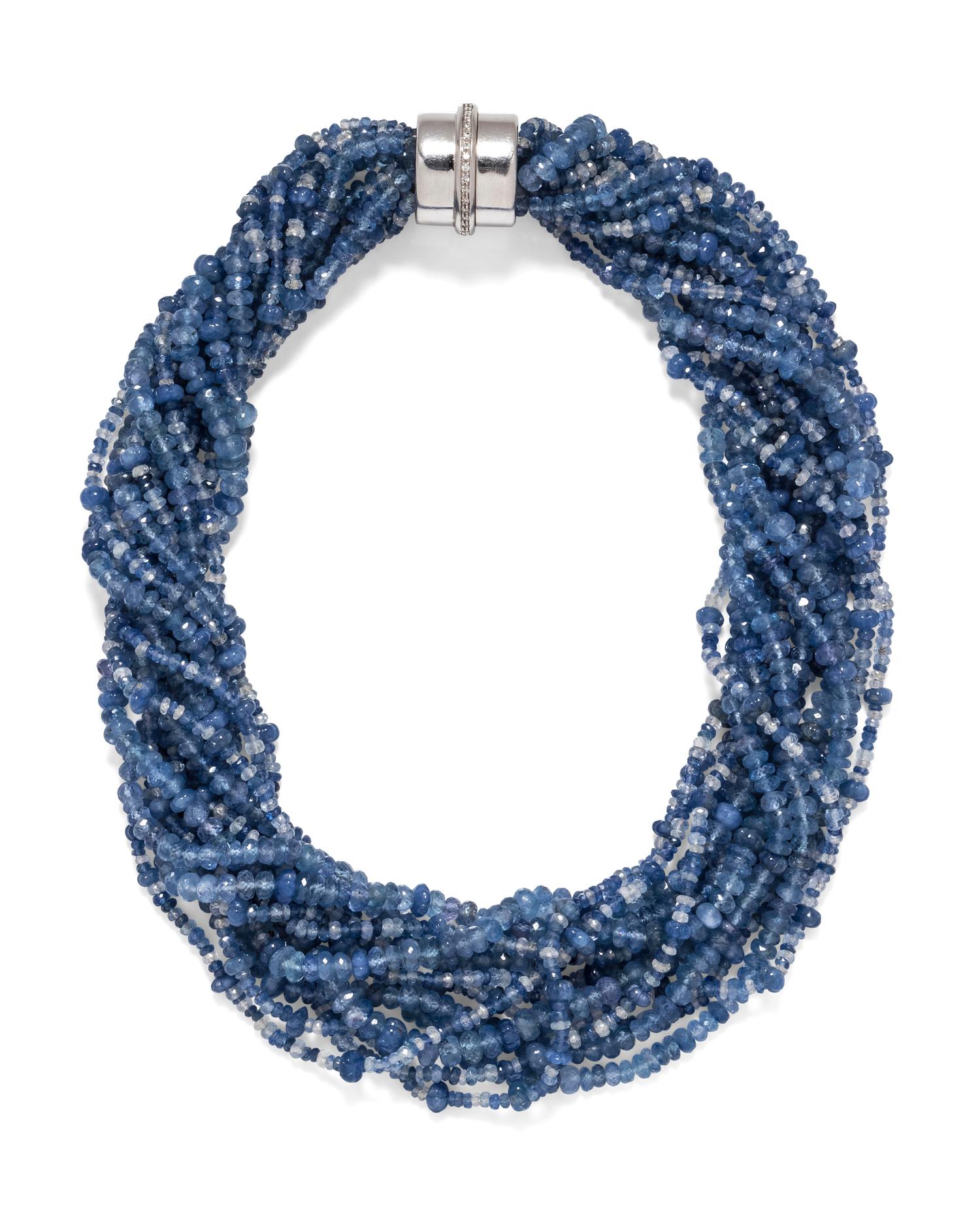 A White Gold Sapphire Bead and Diamond Torsade Necklace,