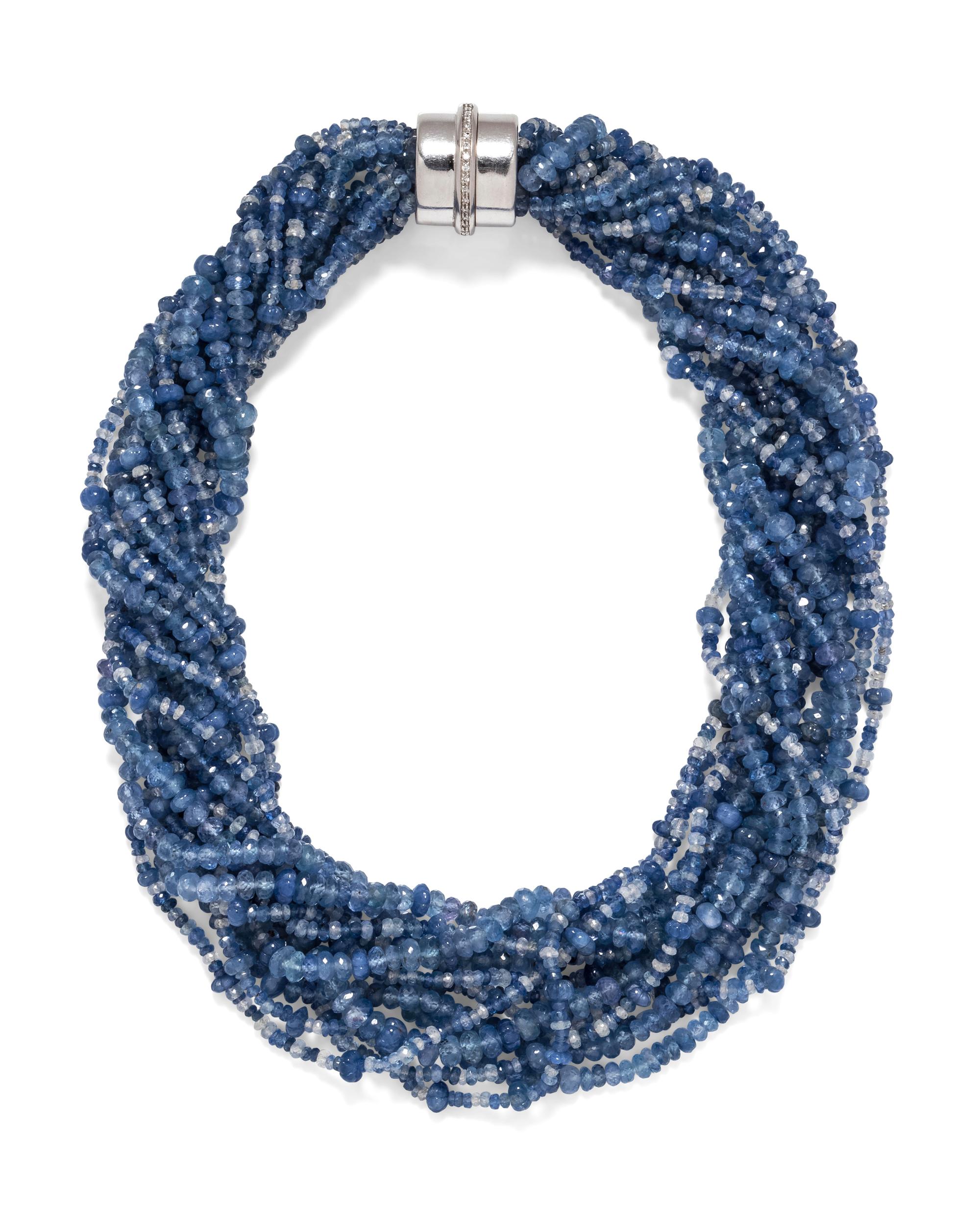 A White Gold Sapphire Bead and Diamond Torsade Necklace,