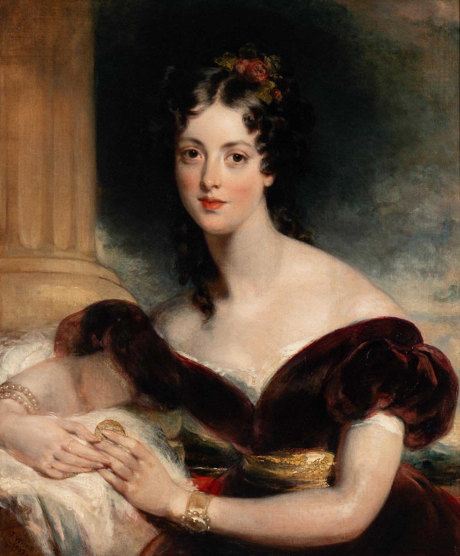 Portrait of the Artist's Sister Sarah Wyatt Gray, née Wood (b. 1812), half-length, in a red dress sitting next to a column , 1832