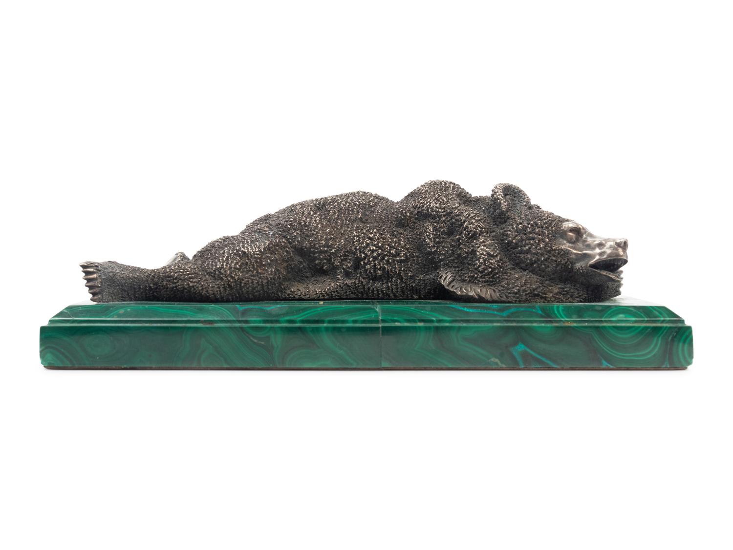 A Russian Silver and Malachite Bear Figure