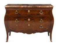 An Italian Walnut and Marquetry Marble-Top Bombé Bureau Commode