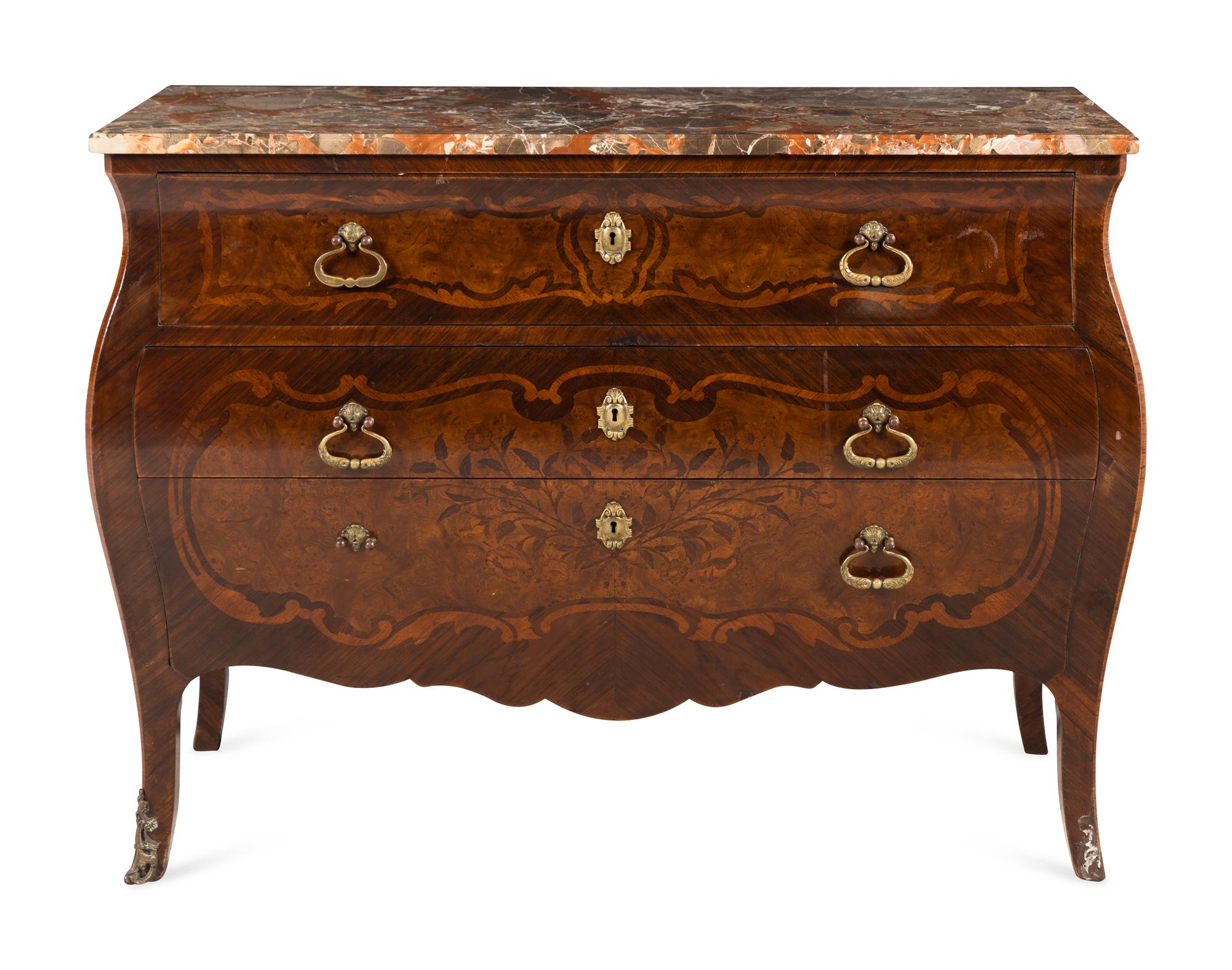 An Italian Walnut and Marquetry Marble-Top Bombé Bureau Commode