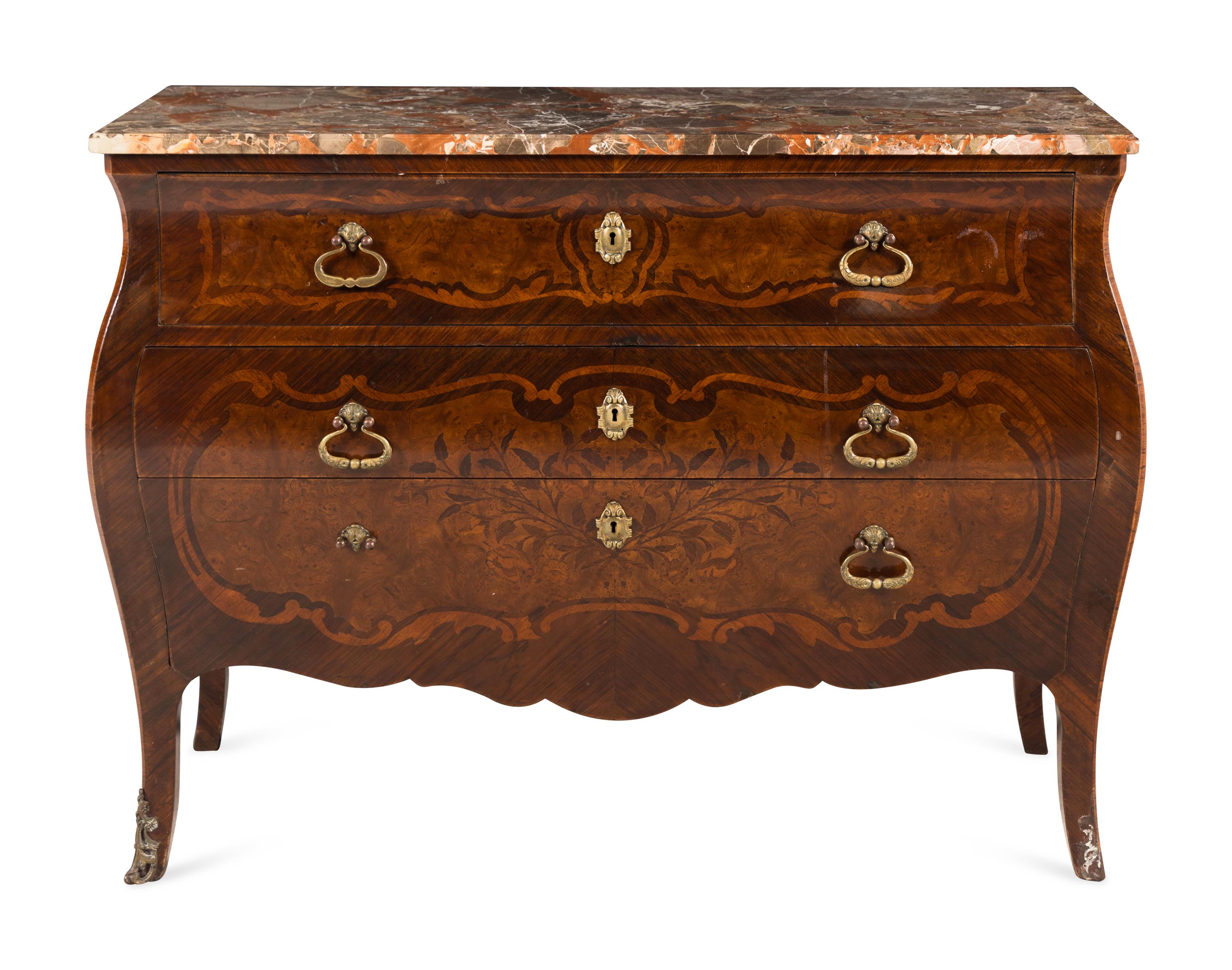 An Italian Walnut and Marquetry Marble-Top Bombé Bureau Commode