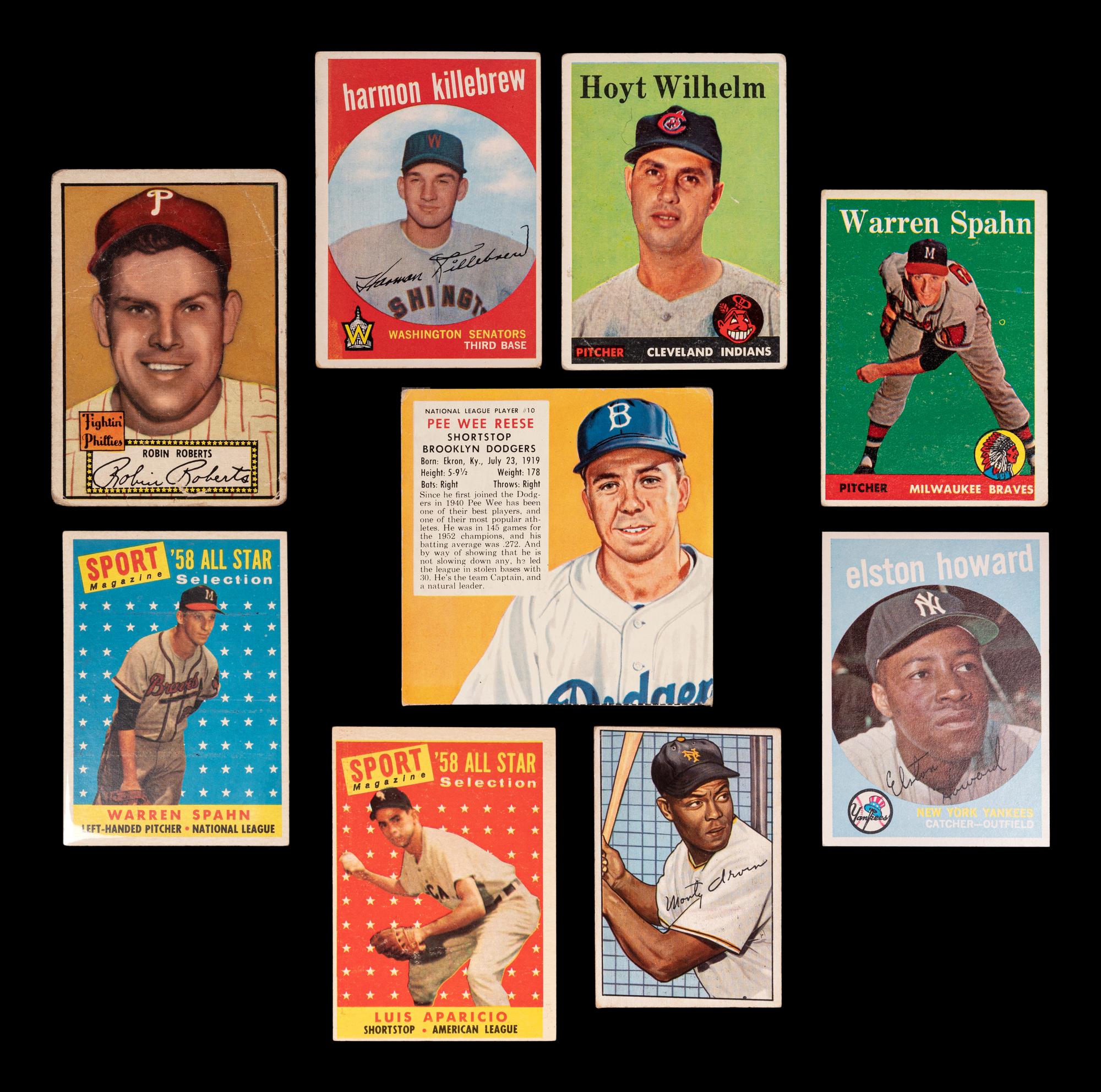 A Group of Nine 1950s Hall of Fame and Star Baseball Cards,